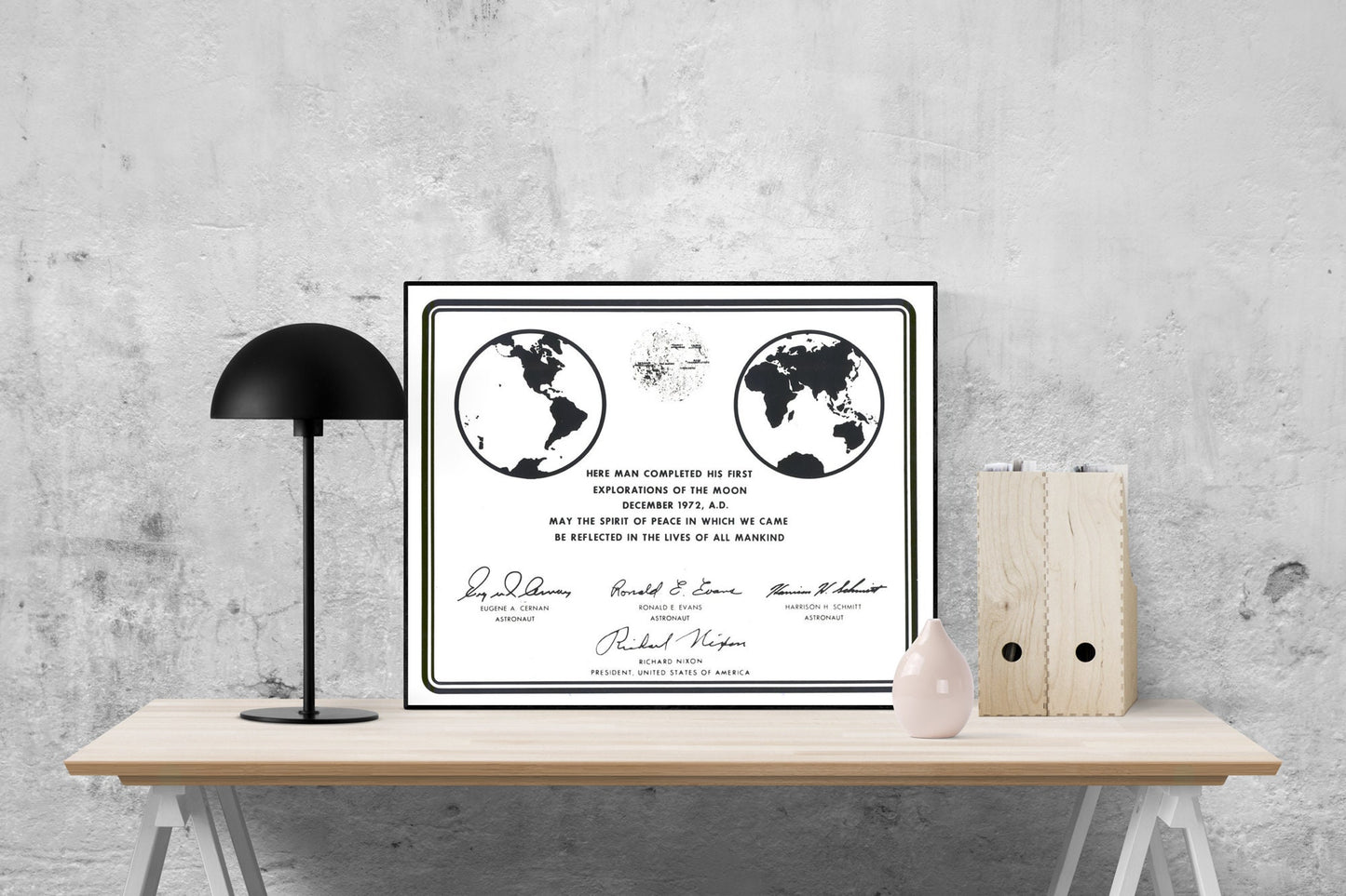 Apollo 17 Plaque Reproduction Art Print | NASA Moon Exploration Wall Home Decor | Historic Space Mission | Astronomy Astronaut Poster