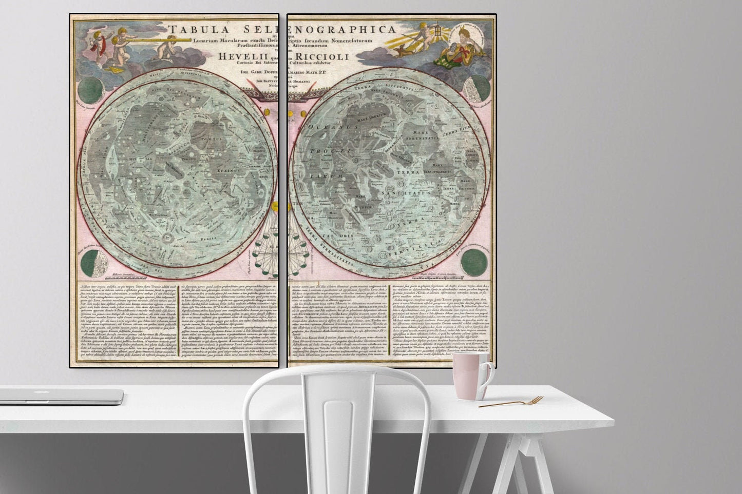 Map of the Moon | 1707 Antique Geography | Space Poster | Lunar Art Print | Set of Two