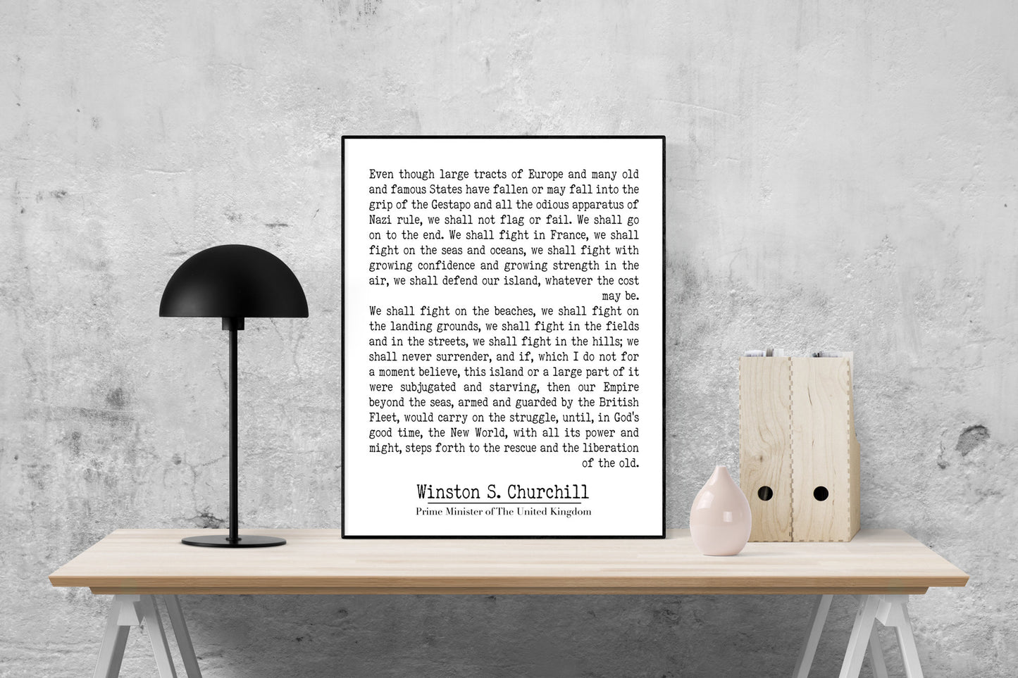 Winston Churchill Life Quote | We Shall Fight On The Beaches | Modern Minimalist Art | Inspirational Print | Black & White | Office Decor