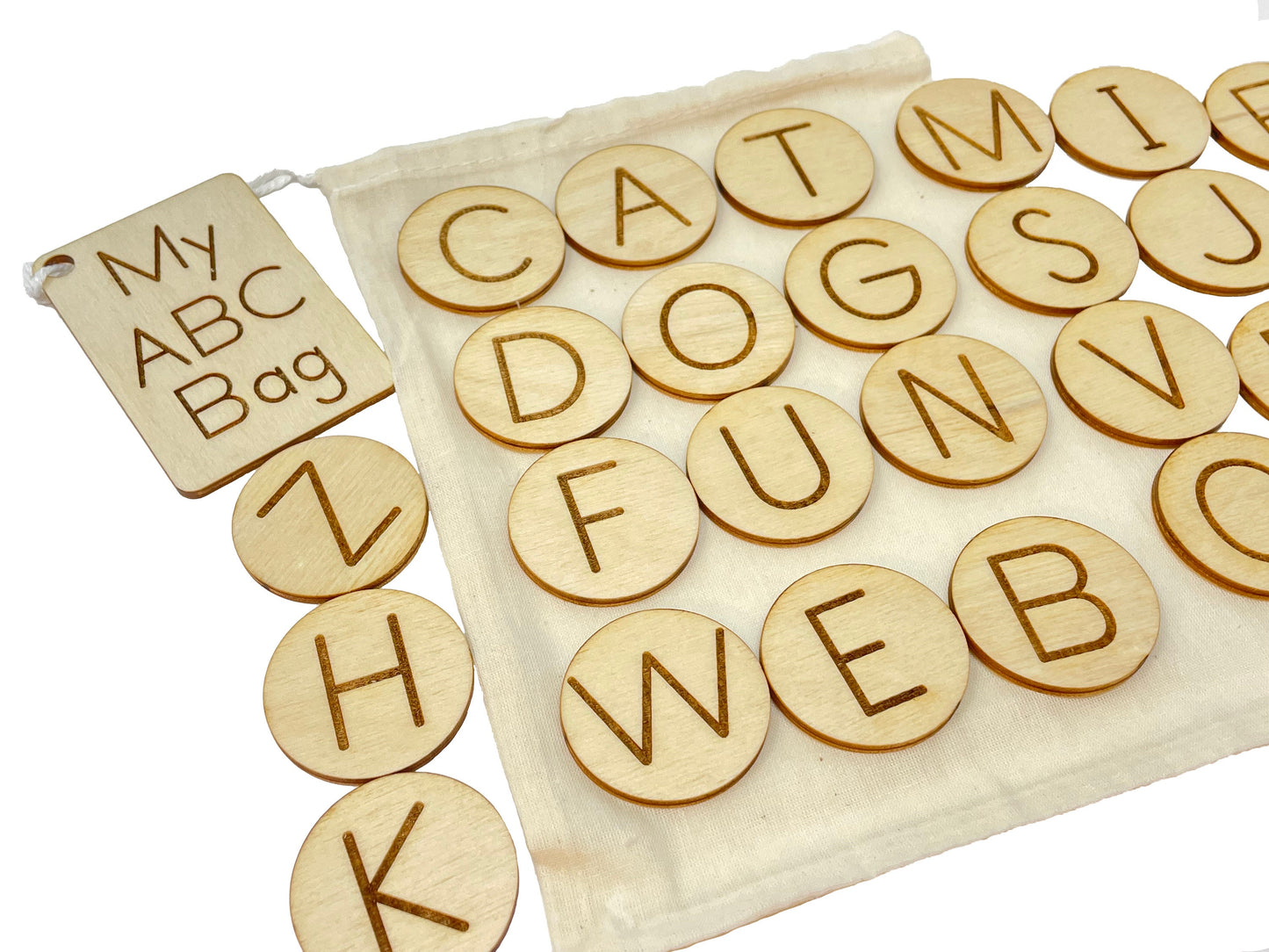 My ABC Bag | Capital Letters Only | Wooden Game | Montessori | Early Education | Learning Alphabet | Spelling Toys | Burlap Bag Game