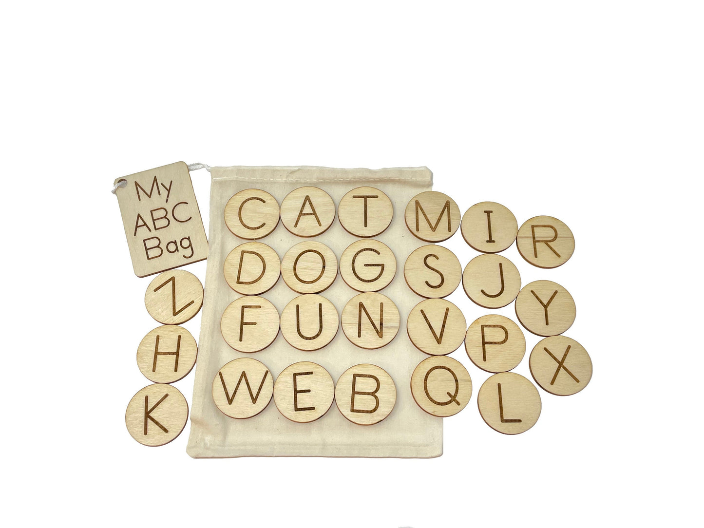 My ABC Bag | Capital Letters Only | Wooden Game | Montessori | Early Education | Learning Alphabet | Spelling Toys | Burlap Bag Game