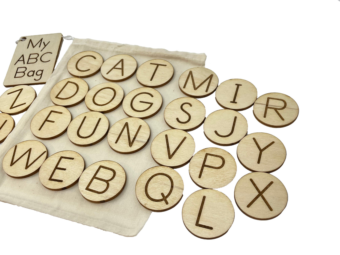 My ABC Bag | Capital Letters Only | Wooden Game | Montessori | Early Education | Learning Alphabet | Spelling Toys | Burlap Bag Game