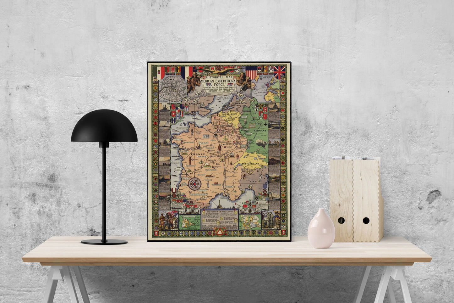 Historical Map Of The American Expeditionary Force | World War 1 | WW1 | United States | Military Art Print