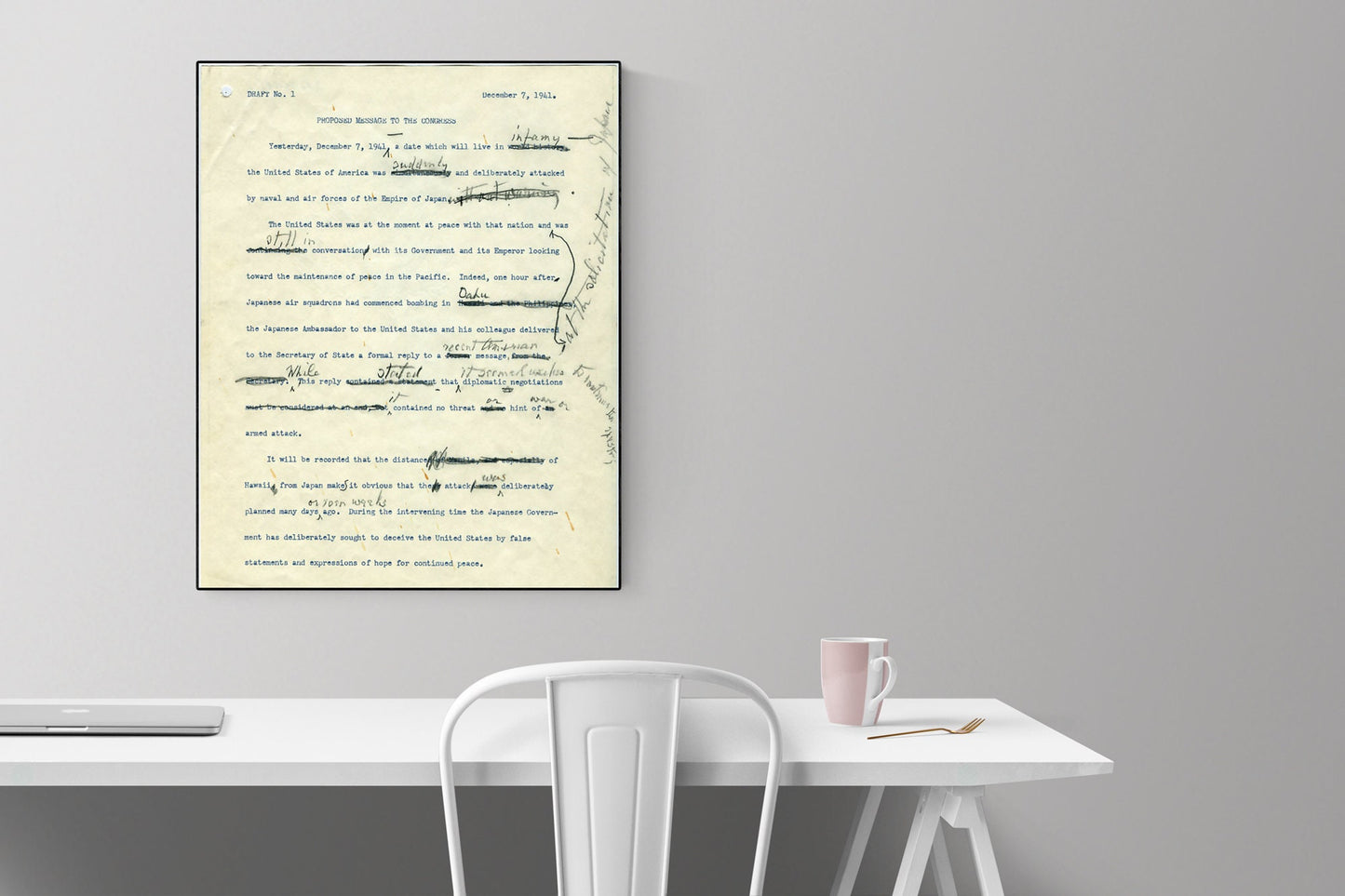 FDR Art Print | A Day Which Will Live In Infamy Original Draft | Franklin Delano Roosevelt | WWII Historical Reproduction | Poster