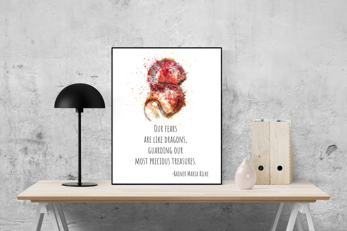 Rilke Quote Art Print | Our Fears Are Like Dragons, Guarding Our Most Precious Treasures | Home Decor | Literary Poster