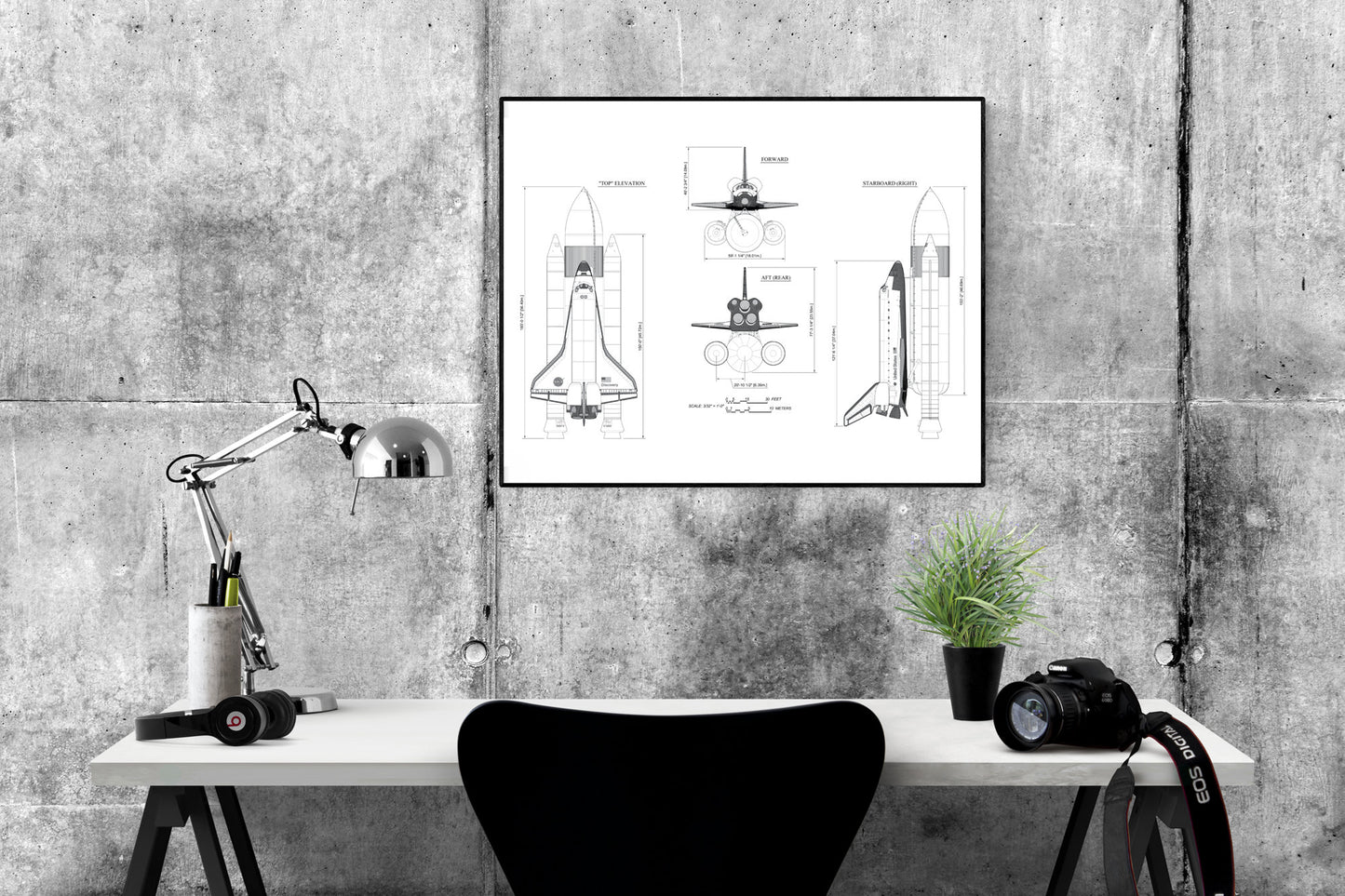 NASA Space Shuttle Art Print | Elevations of the Launch Stack Assembly | Discovery Aerospace Living Room | Home Decor | Blueprint Poster