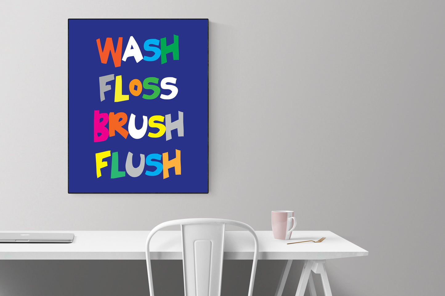 Wash Floss Brush Flush | Fun Kids Bathroom Poster | Art Print