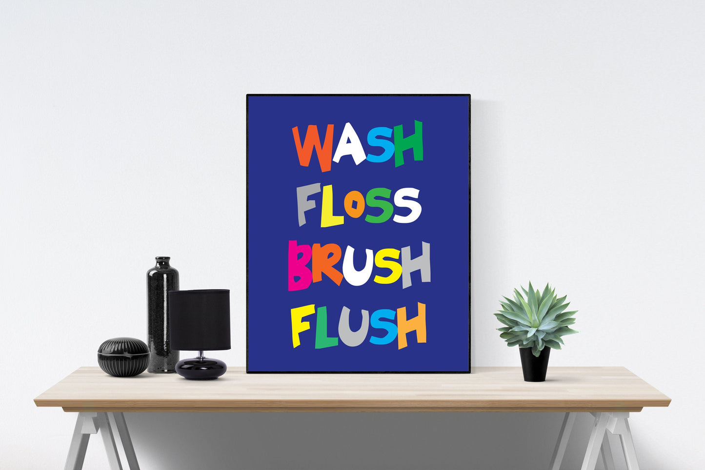 Wash Floss Brush Flush | Fun Kids Bathroom Poster | Art Print