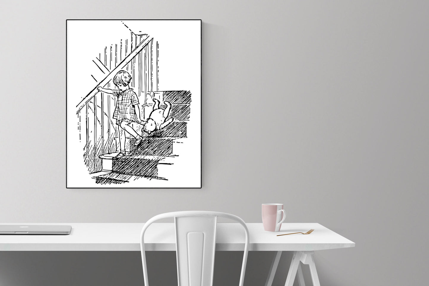 Winnie-the-Pooh Art Print | Going Downstairs | AA Milne | Nursery Home Decor | Original Illustration Reproduction | Poster
