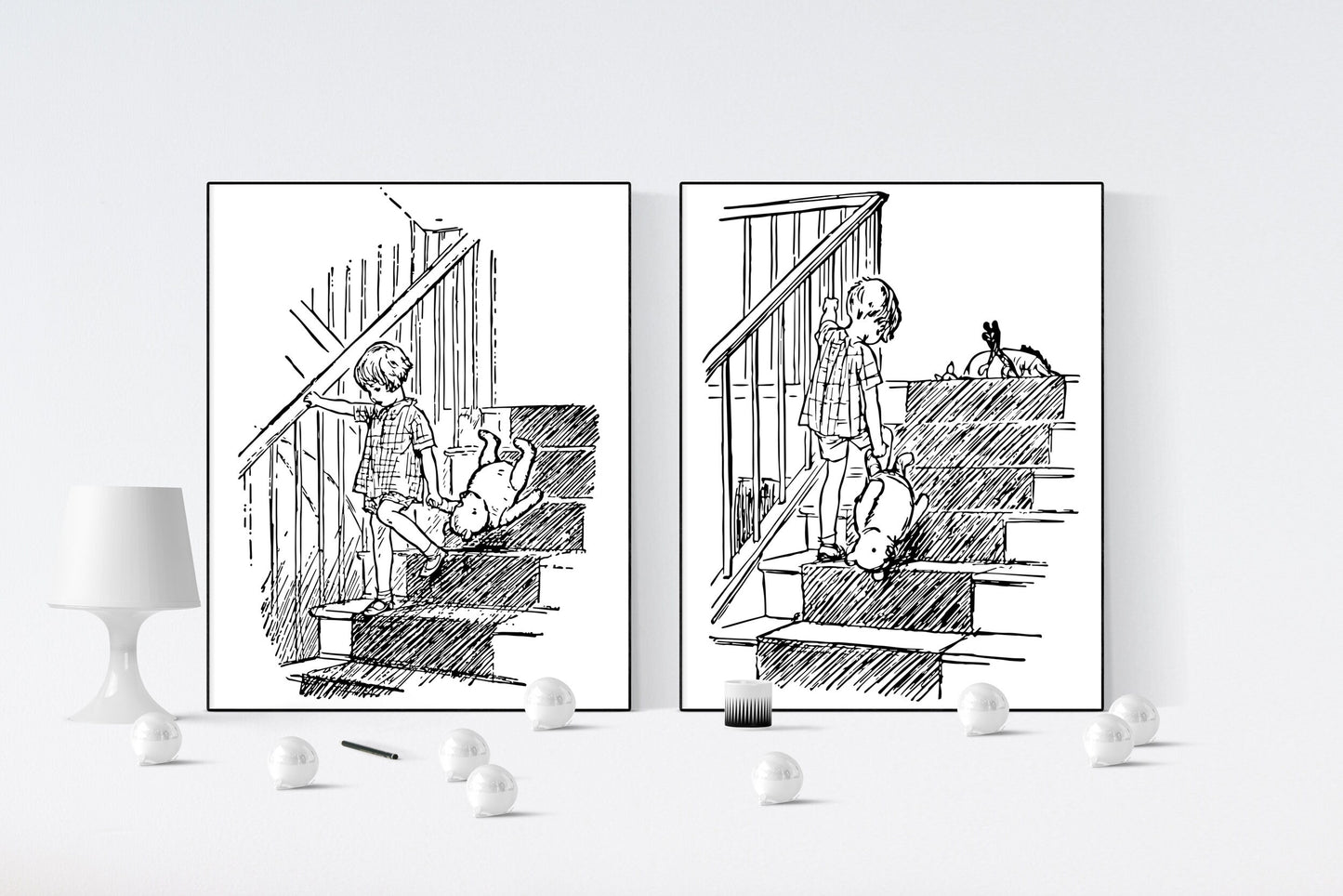 Winnie the Pooh | Going Upstairs And Downstairs | Set of 2 | AA Milne | Original Illustrations | Art Print