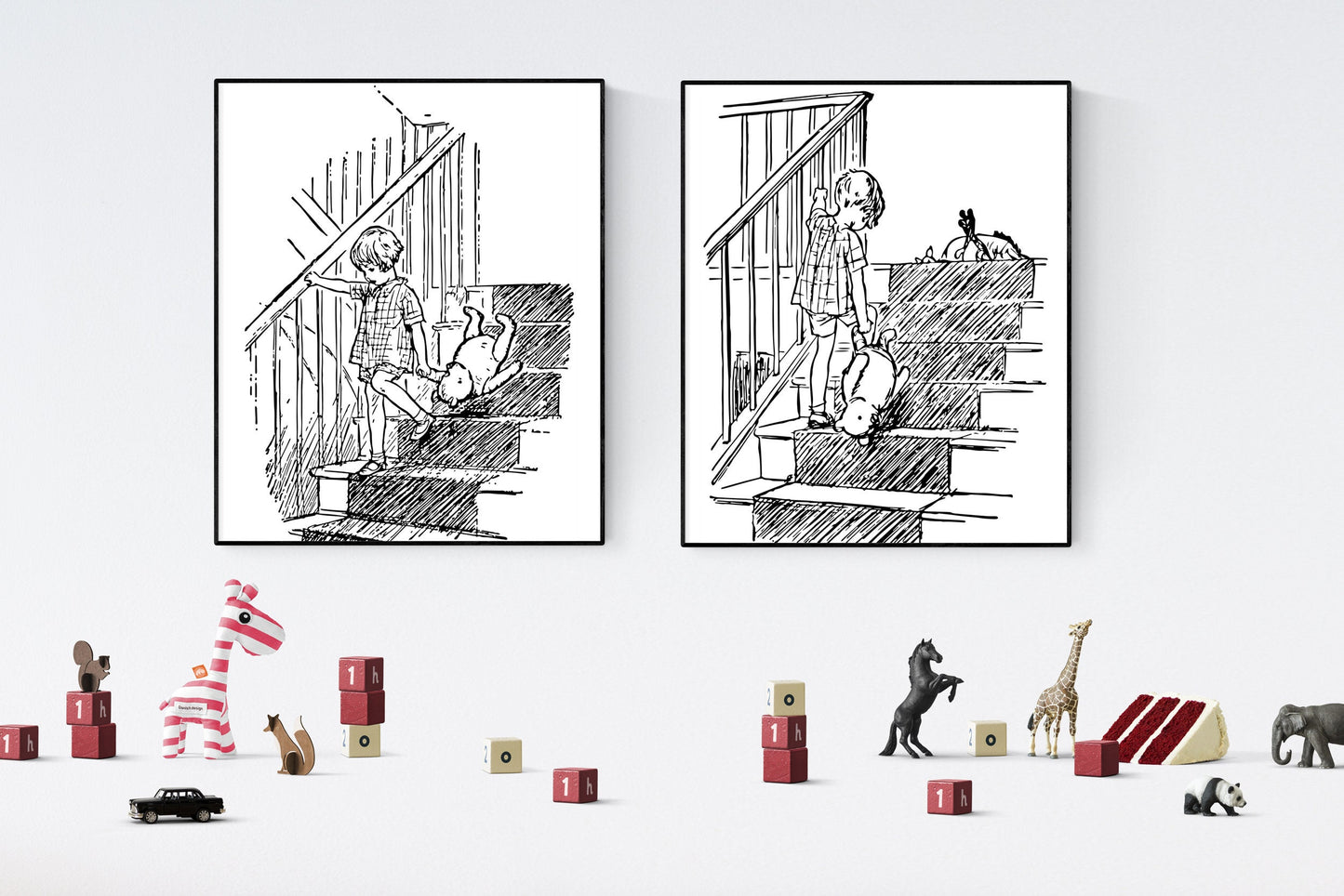 Winnie the Pooh | Going Upstairs And Downstairs | Set of 2 | AA Milne | Original Illustrations | Art Print