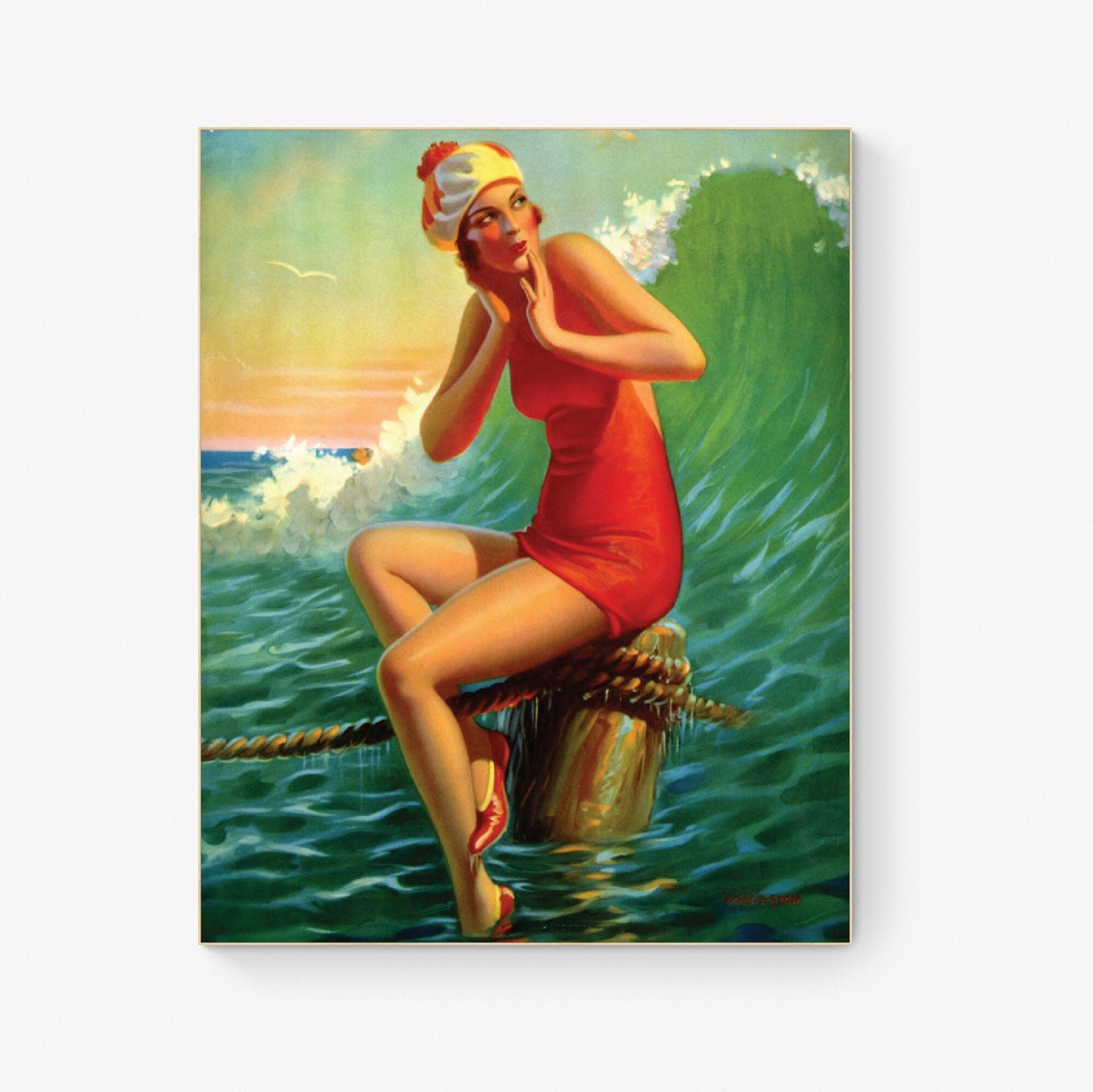 Edward Eggleston Sitting Pretty Art Print – Vintage Beach Pin-Up Girl Poster – Retro Nautical Beach Wall Artwork – Bathroom Home Decor