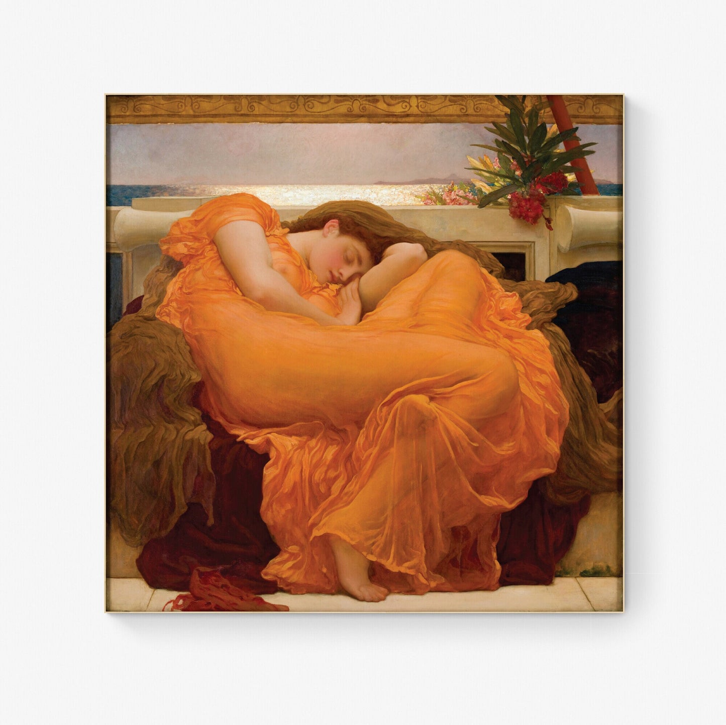 Flaming June Art Print | Frederic Lord Leighton | Victorian Roman Dress | Famous Napping Woman | Nymph | Burnt Orange | Reproduction Poster