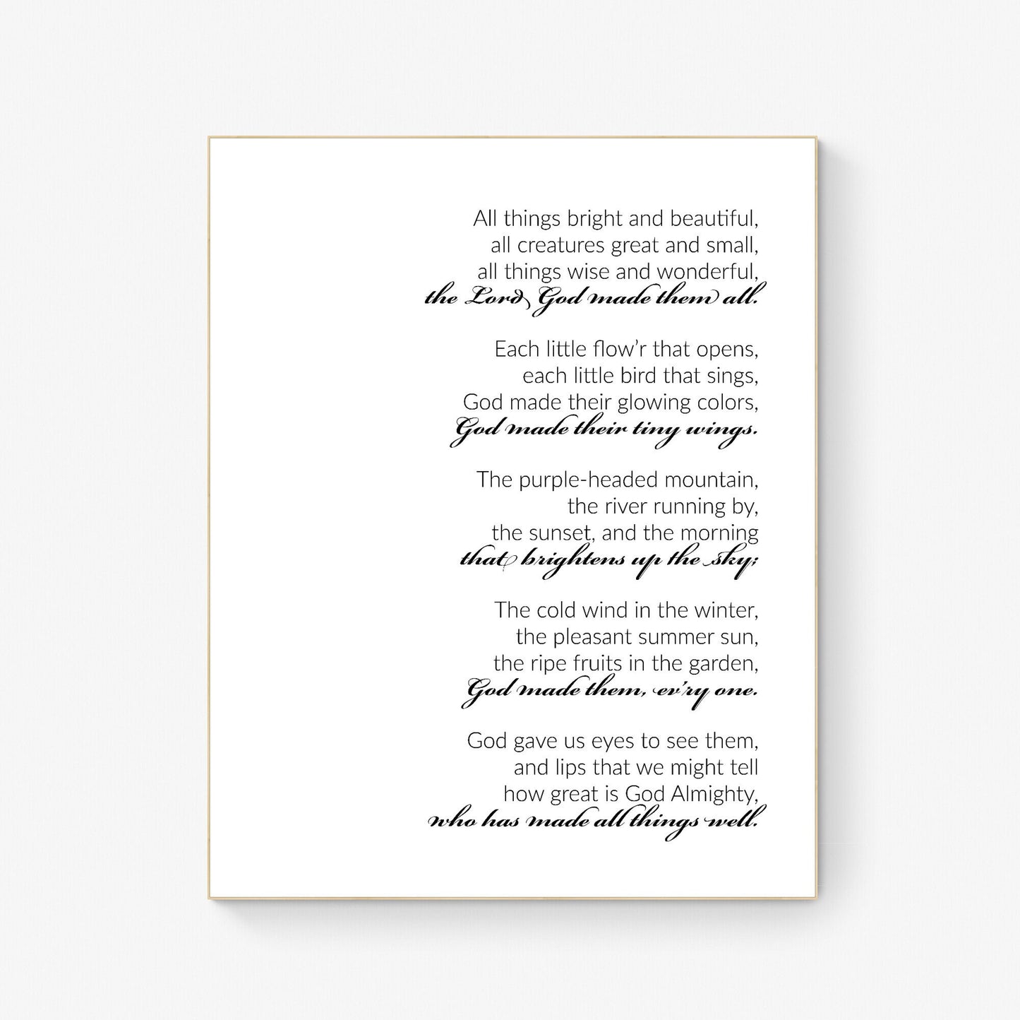 All Things Bright and Beautiful Lyrics Wall Art - Perfect Gift for Nature Lovers and Music Enthusiasts