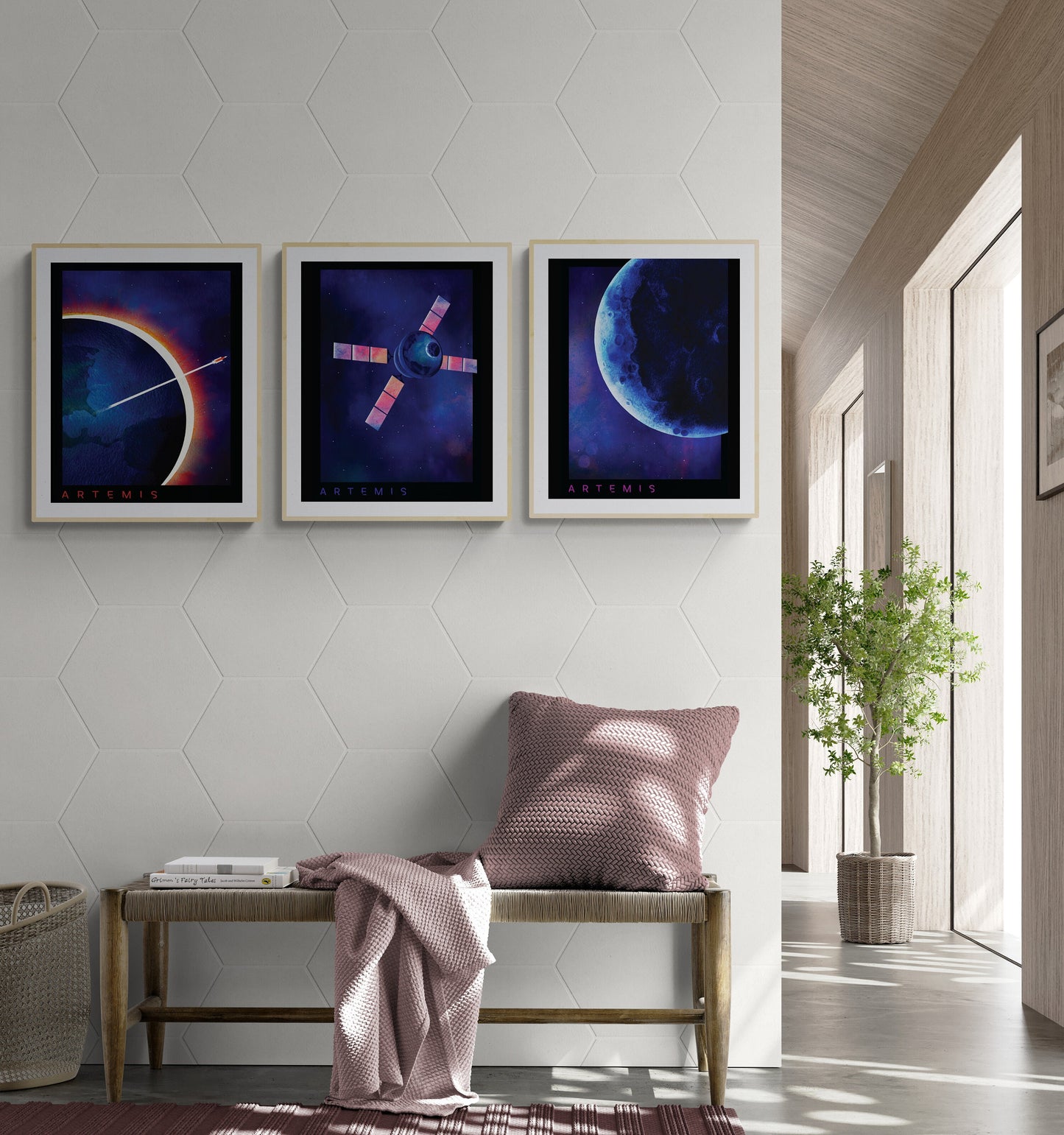Triptych Artemis Mission Approach | Set of 3 Watercolor Lunar Art Prints | NASA Art Print
