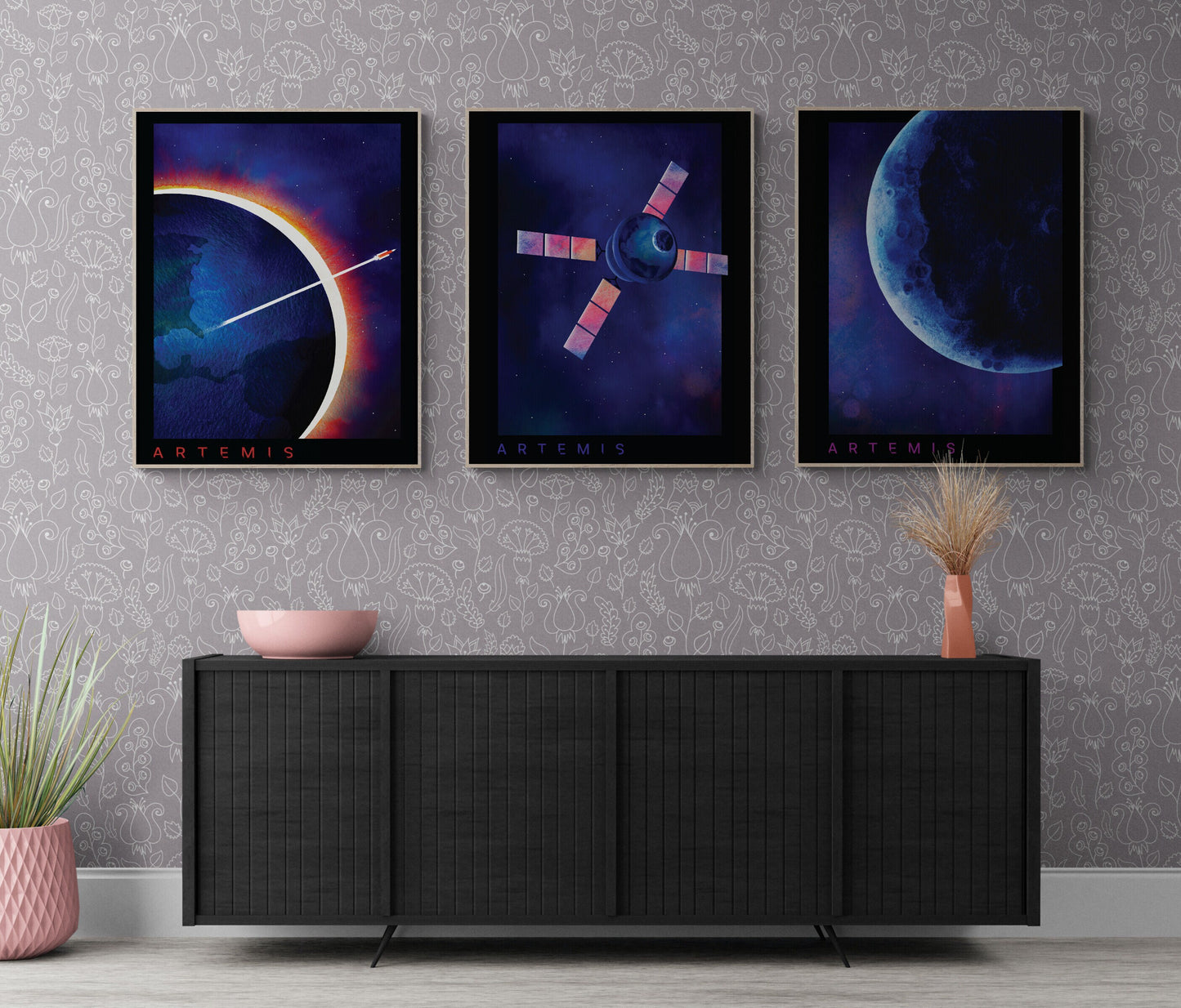 Triptych Artemis Mission Approach | Set of 3 Watercolor Lunar Art Prints | NASA Art Print