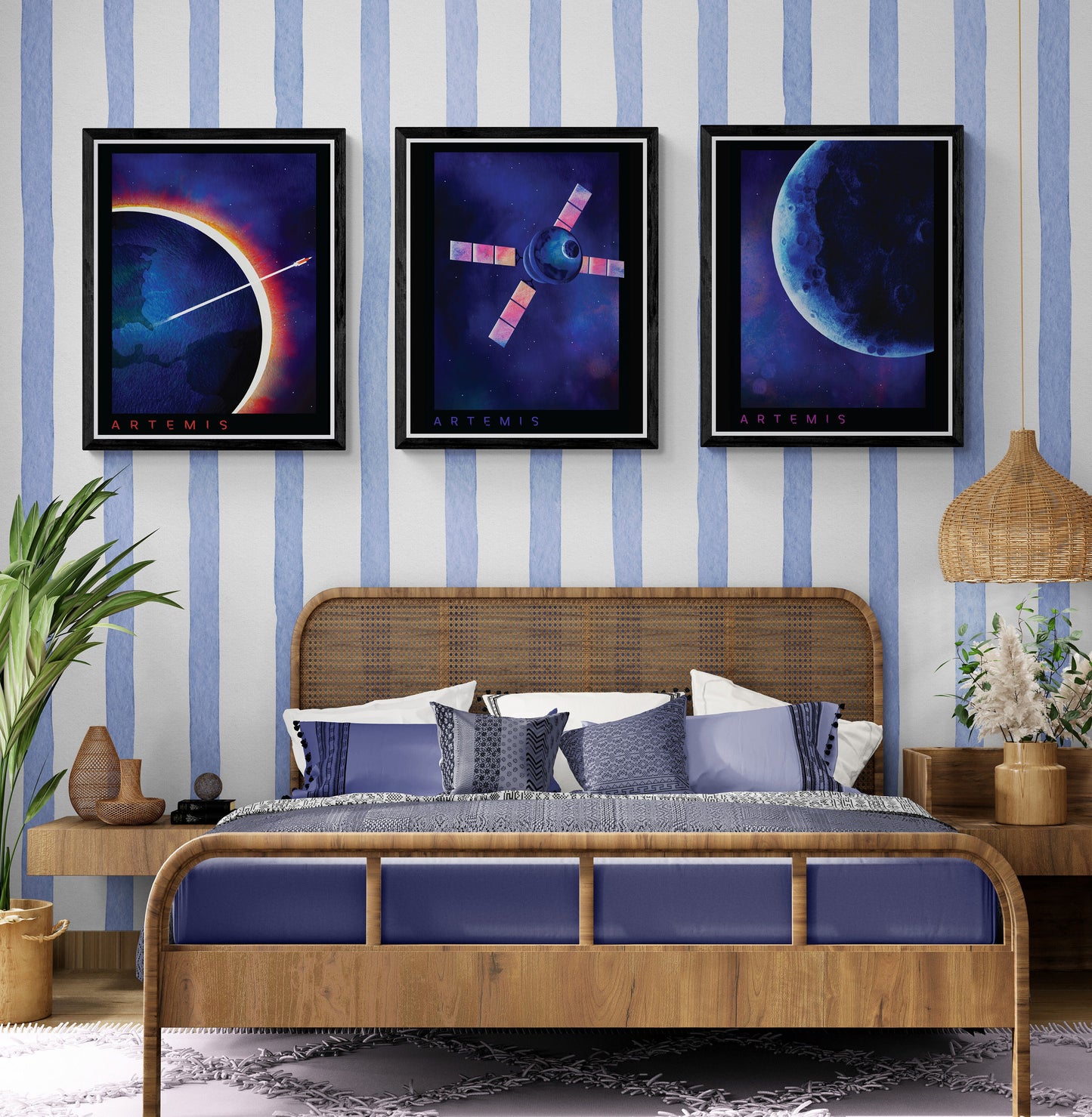 Triptych Artemis Mission Approach | Set of 3 Watercolor Lunar Art Prints | NASA Art Print
