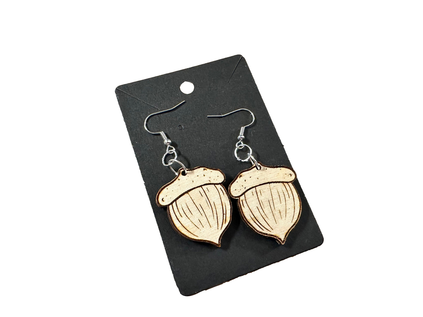 Engraved Baltic Birch Acorn Dangle Earrings | Autumn Whimsy on Sterling Silver
