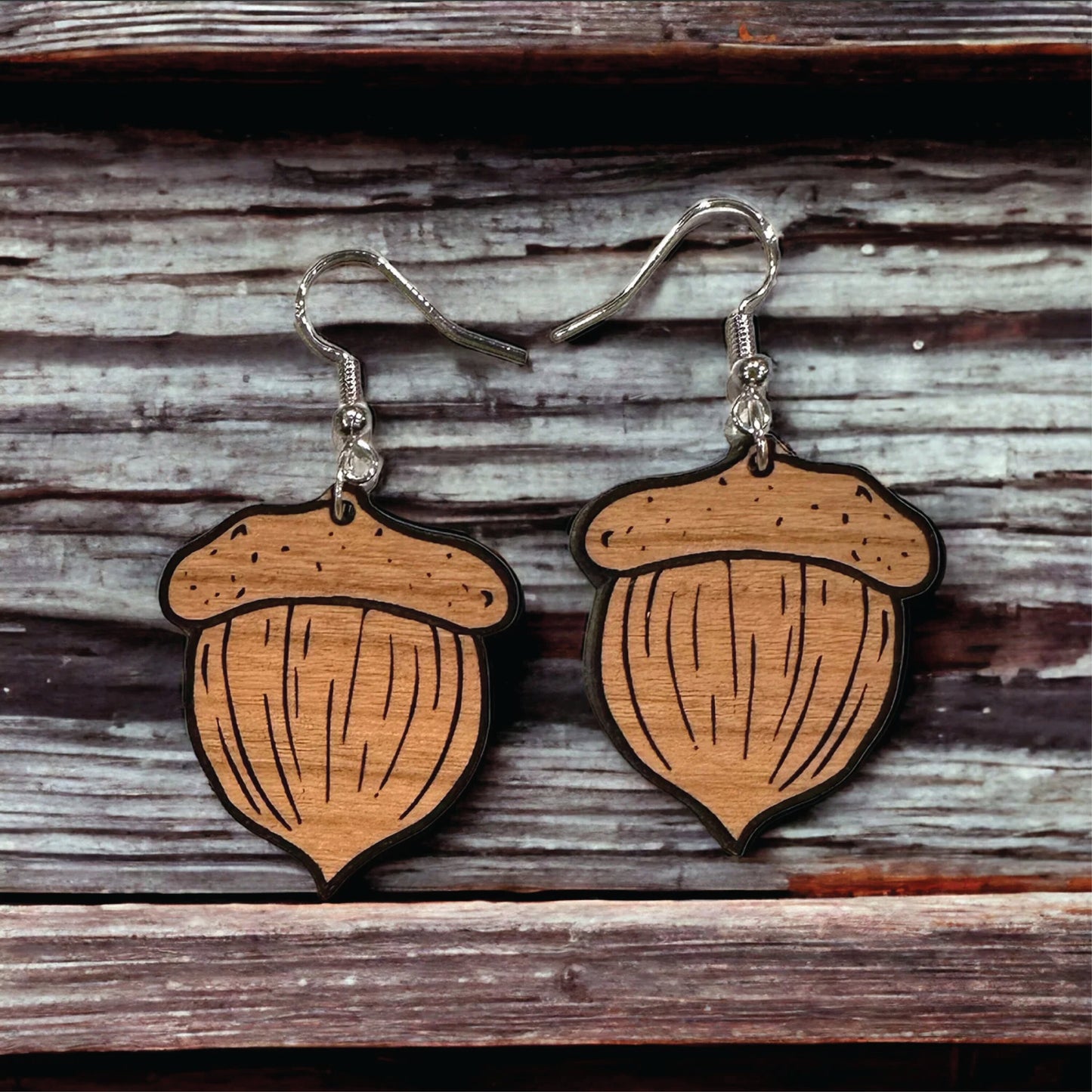 Engraved Baltic Birch Acorn Dangle Earrings | Autumn Whimsy on Sterling Silver