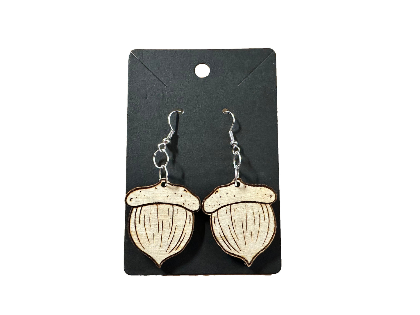 Engraved Baltic Birch Acorn Dangle Earrings | Autumn Whimsy on Sterling Silver