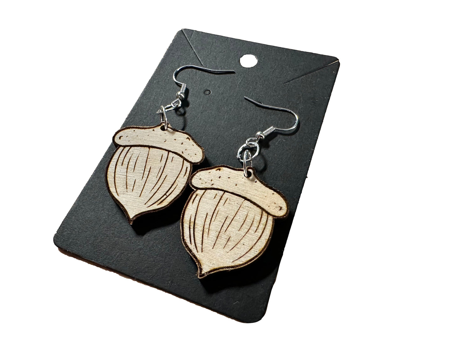Engraved Baltic Birch Acorn Dangle Earrings | Autumn Whimsy on Sterling Silver