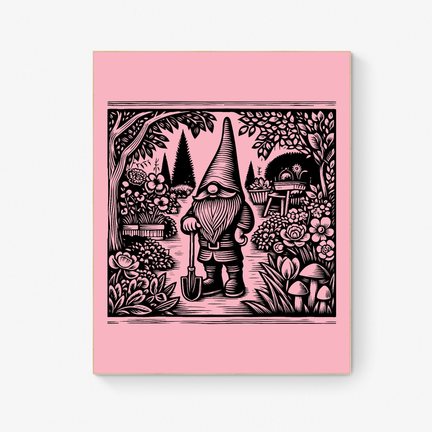 Whimsical Garden Gnome Quirky Botanical Garden Linograph Linocut Print