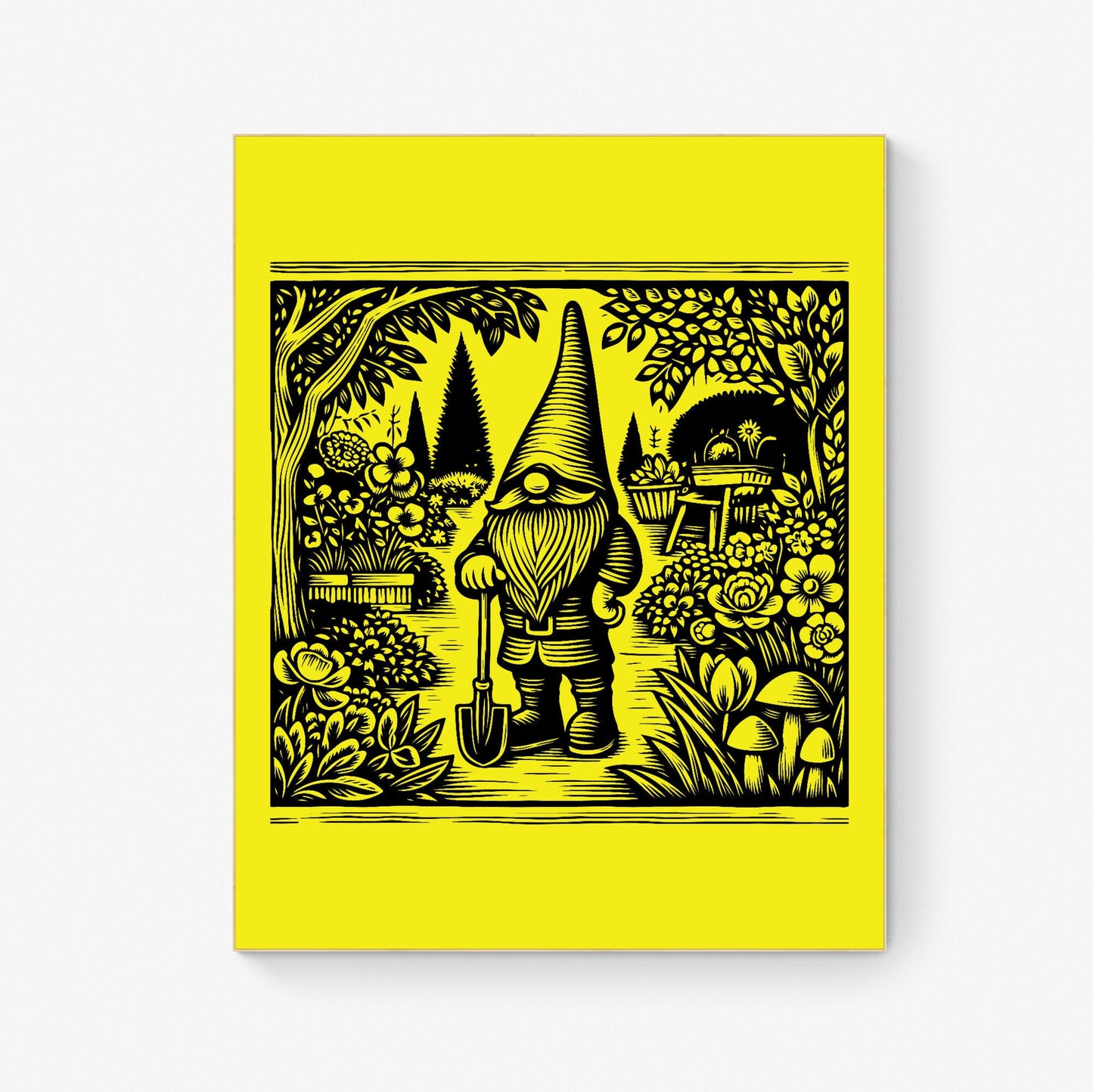 Whimsical Garden Gnome Quirky Botanical Garden Linograph Linocut Print