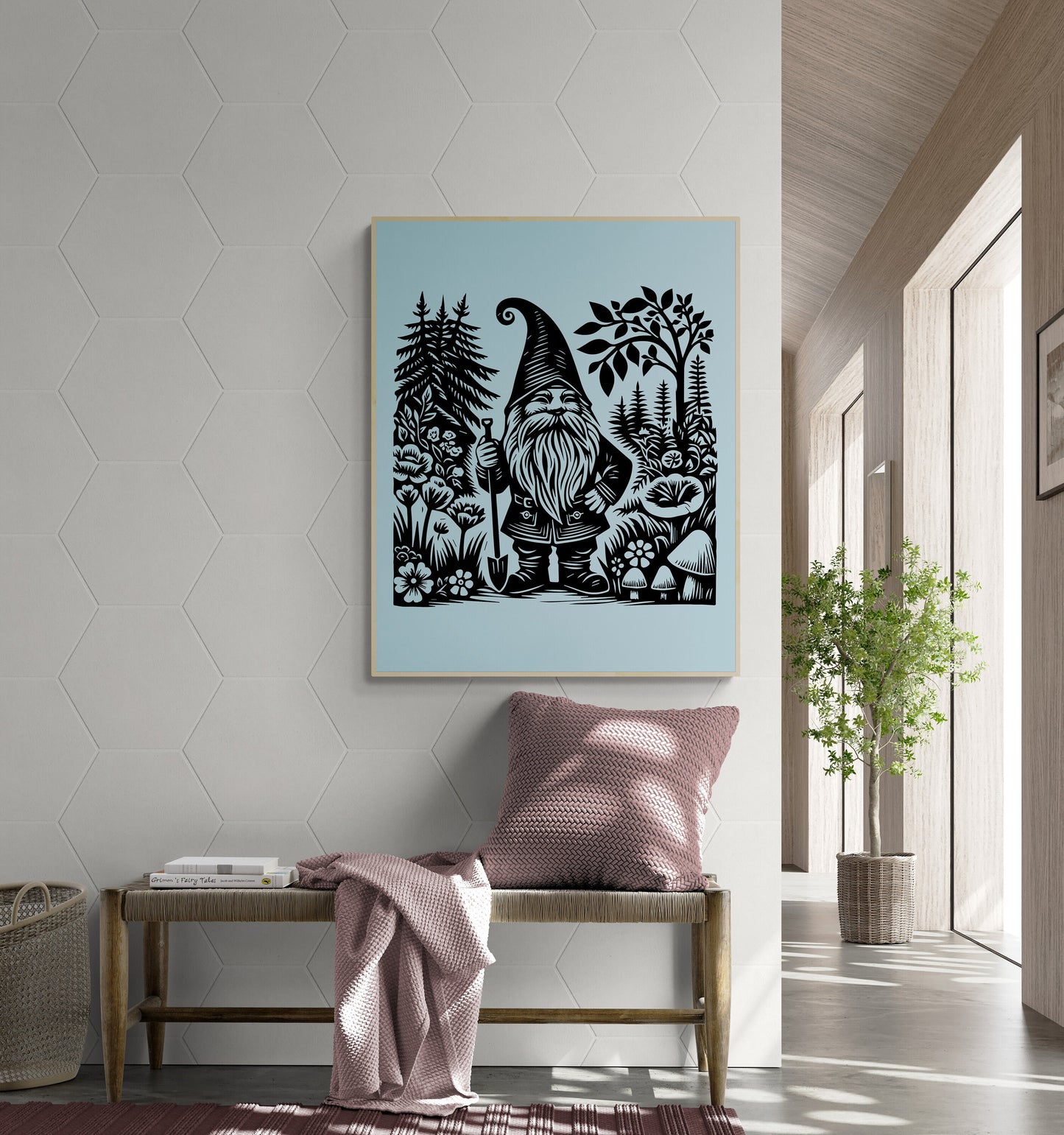 Whimsical Garden Gnome Quirky Botanical Garden Linograph Linocut Art Print