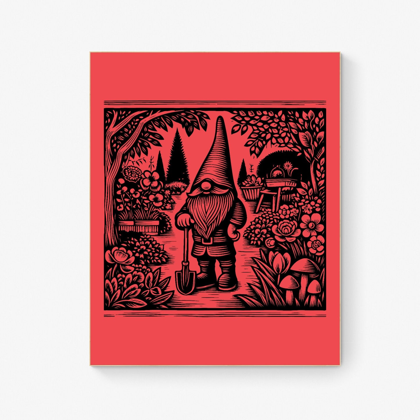 Whimsical Garden Gnome Quirky Botanical Garden Linograph Linocut Print