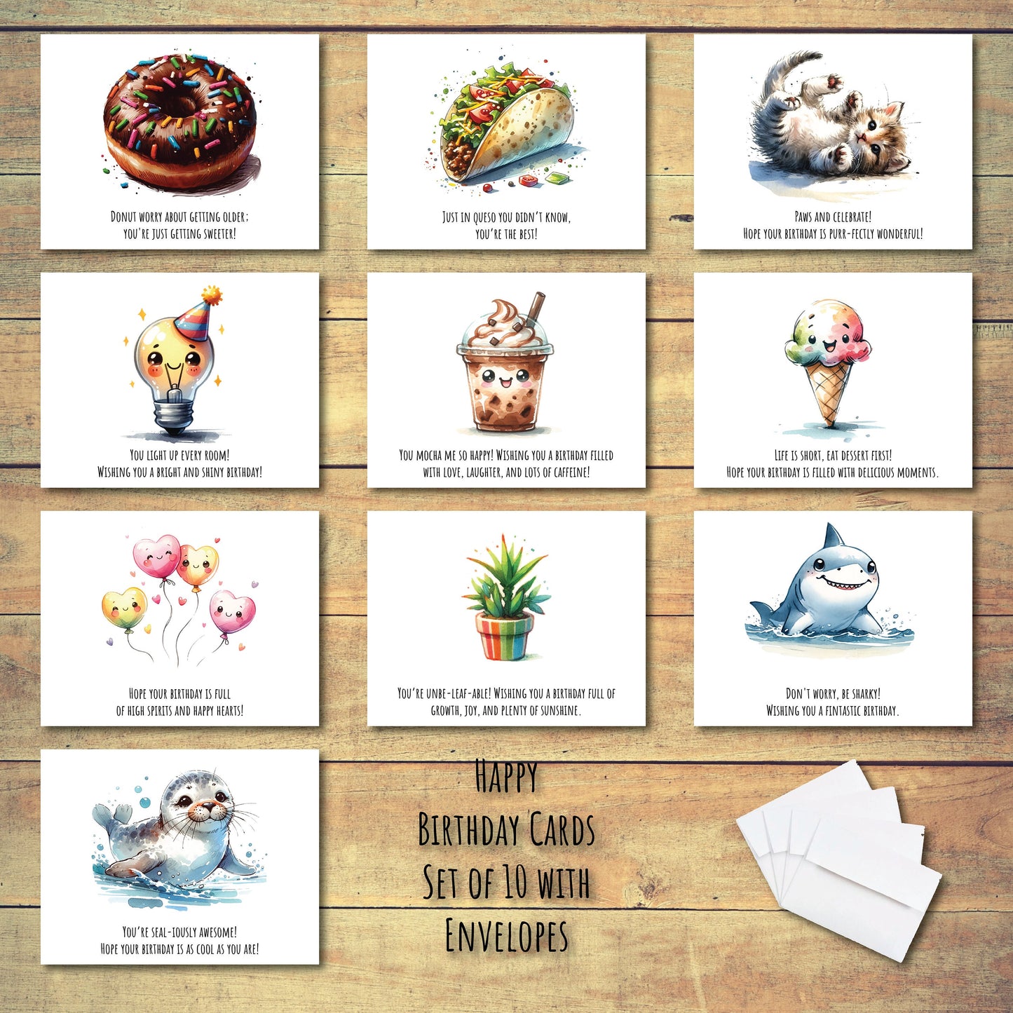 Watercolor Happy Birthday Cards | Set of 10 Letters | Blank Inside | Unique Custom Gift | High-Quality Card Stock with Envelope