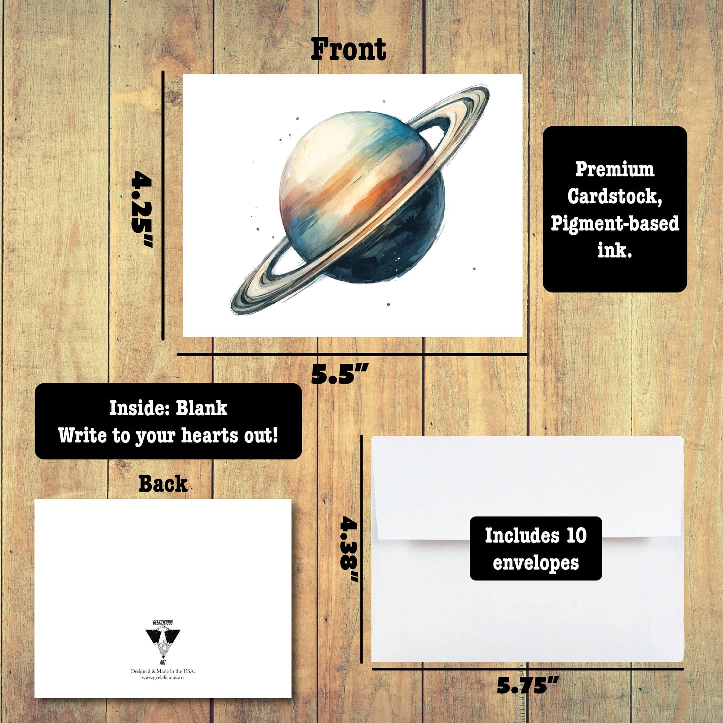 Space Themed Planets Watercolor Happy Birthday Cards | Set of 10 Letters | Blank Inside | High-Quality Card Stock with Envelope
