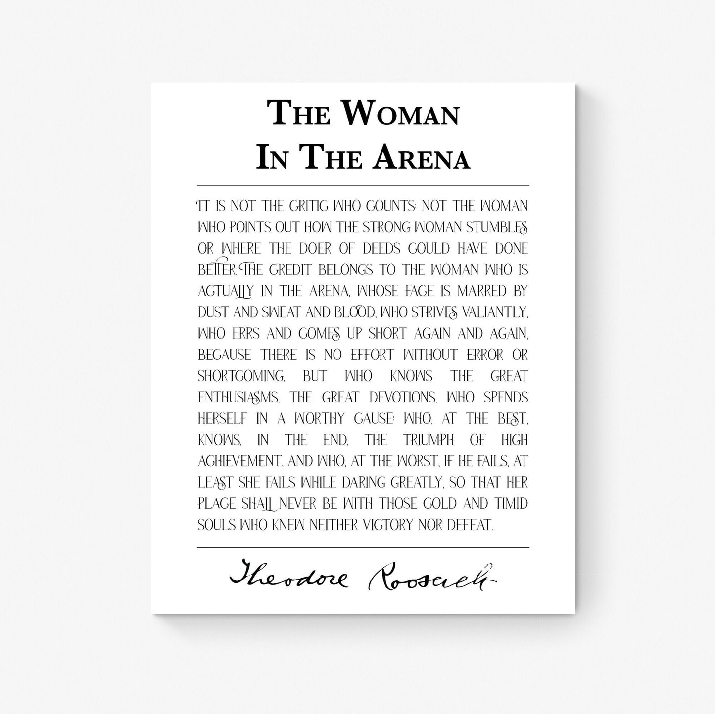The Woman In The Arena Art Print Quote | Theodore Teddy Roosevelt | Typography | Motivational | Inspirational Print | Home Decor For Women
