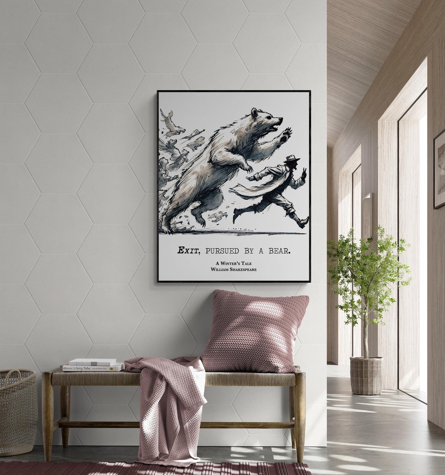 Shakespeare Quote Art Print | Exit Pursued By A Bear | Literary | A Winter's Tale | Living Room | Home Decor | Watercolor Poster