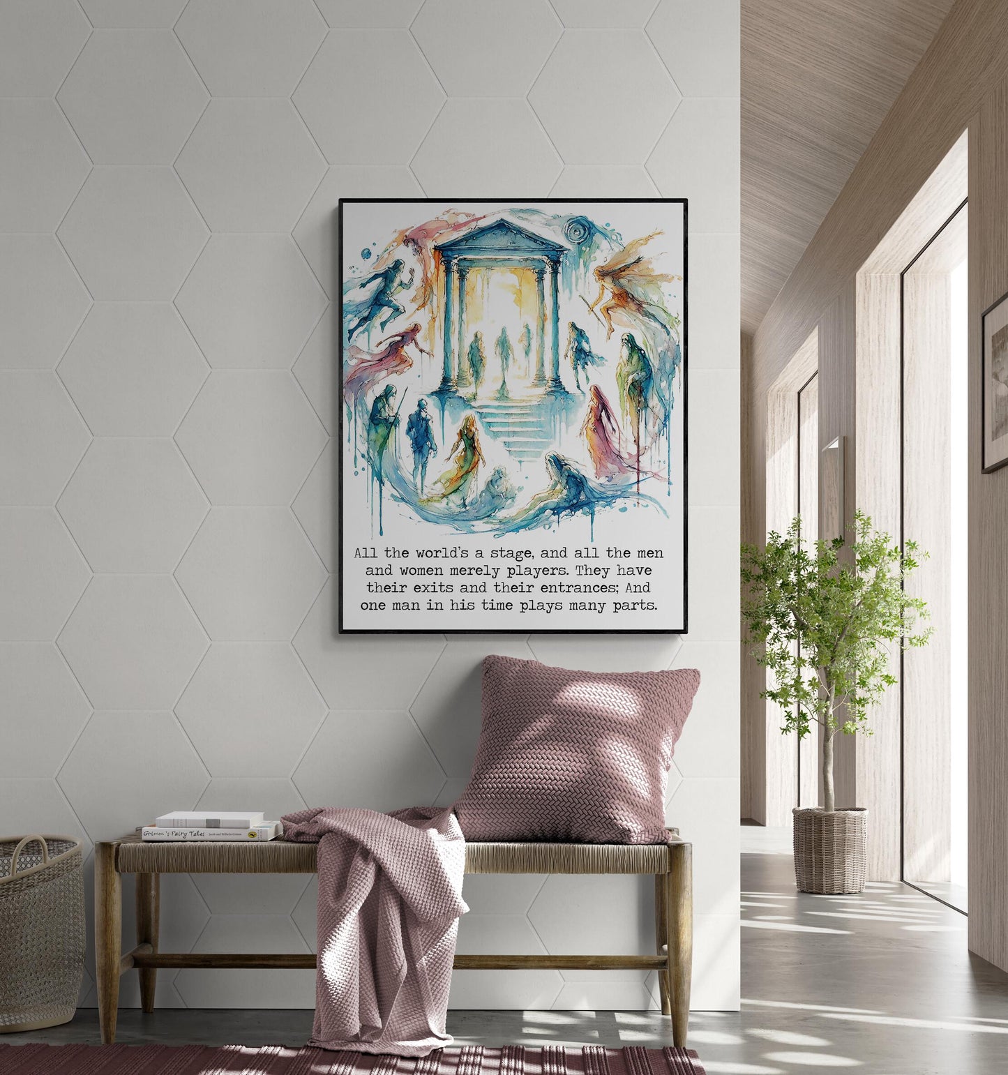 William Shakespeare Quote Art Print | All The World's A Stage | As You Like It | Living Room Home Decor | Literary Rainbow Watercolor Poster