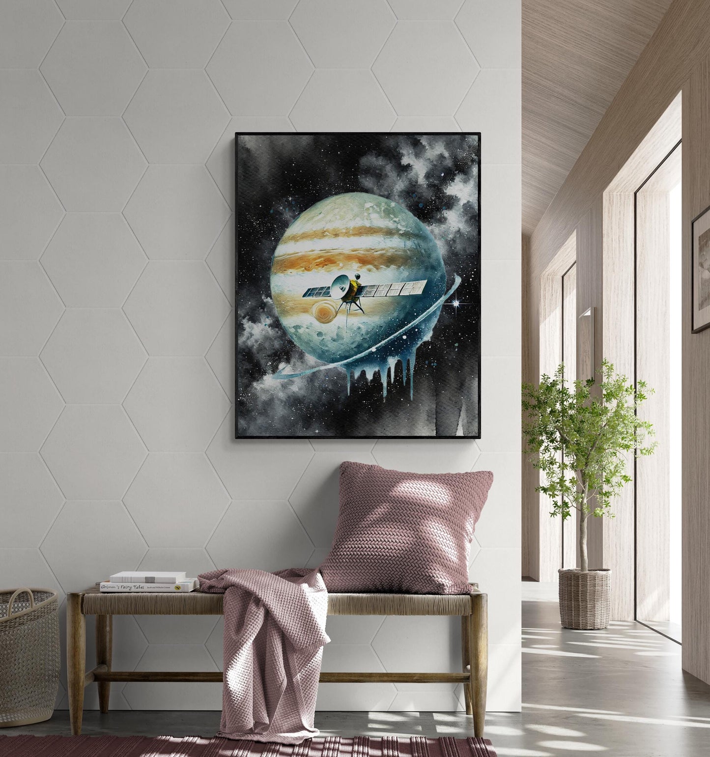 Europa Clipper Mission Art | Watercolor | Retro Sci Fi | Jupiter Moon | Space Exploration | Living Room Home Decor | NASA Fine Art Print