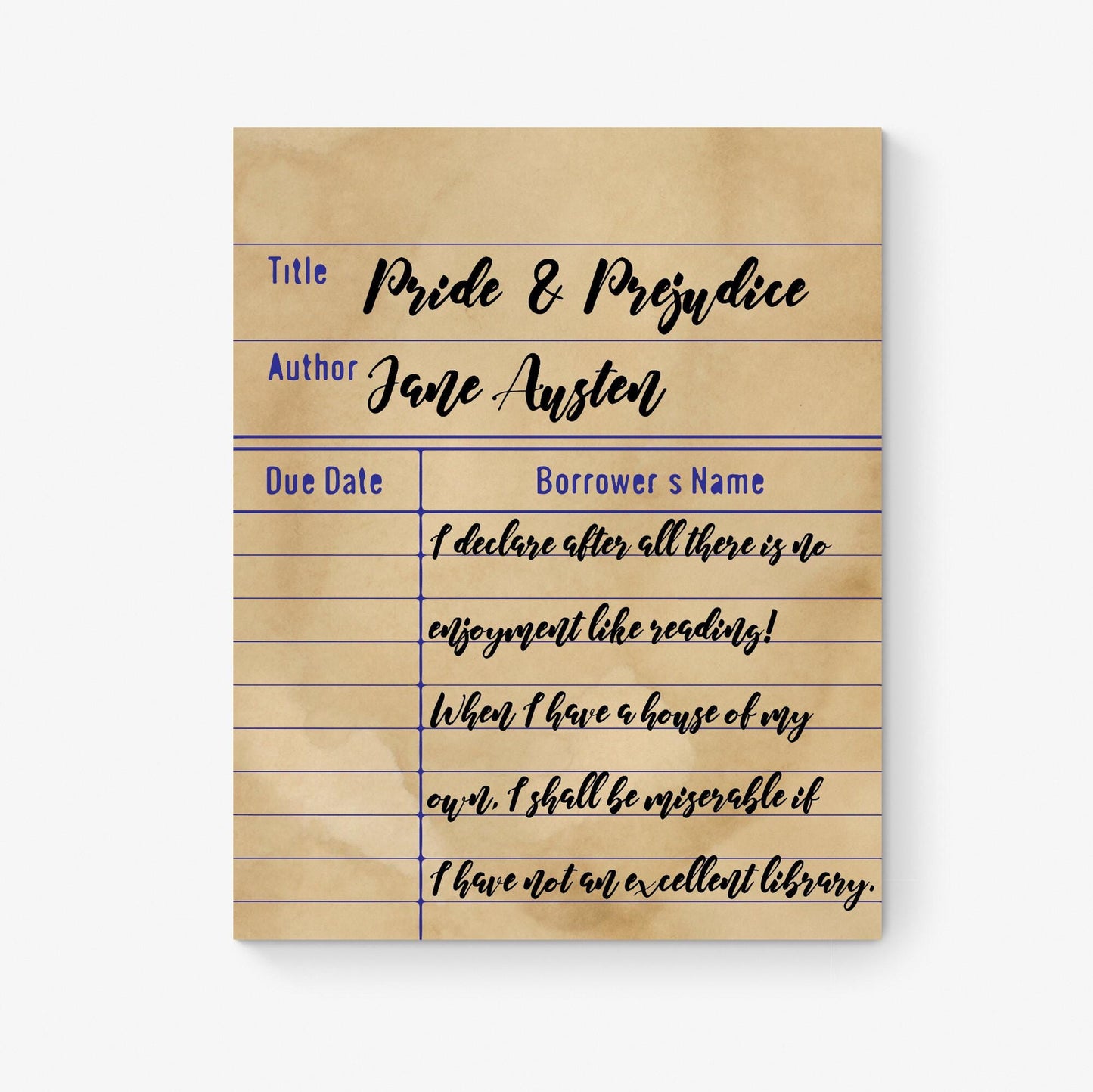 I Shall Be Miserable if I Have Not An Excellent Library | Pride and Prejudice | Jane Austen | Home Decor | Library Card | Literary Art Print