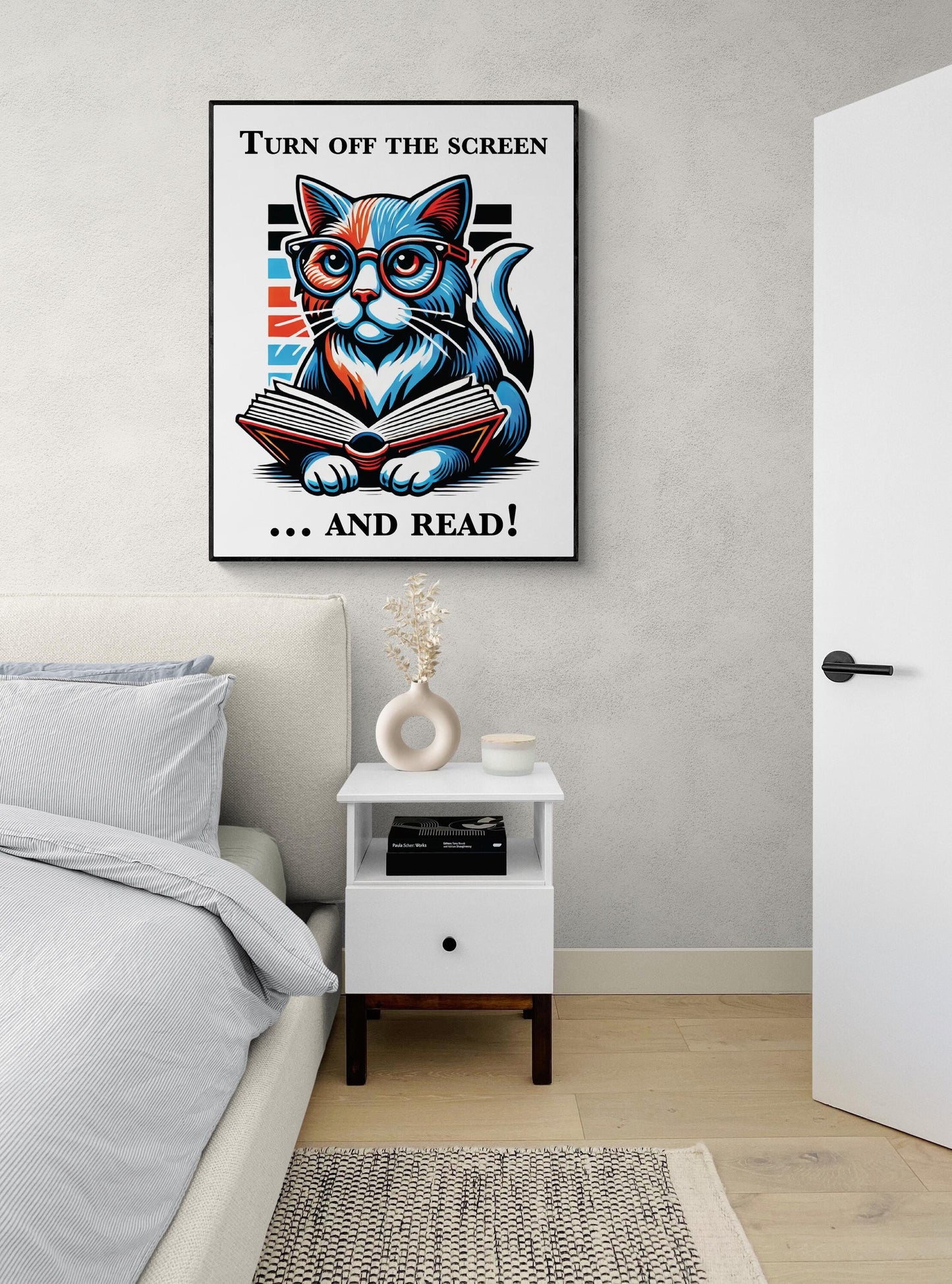 Cat Reading Poster | Turn Off On The Screen And Read | National Library Week | Home Decor | Living Room | Bedroom | Literary Art Print