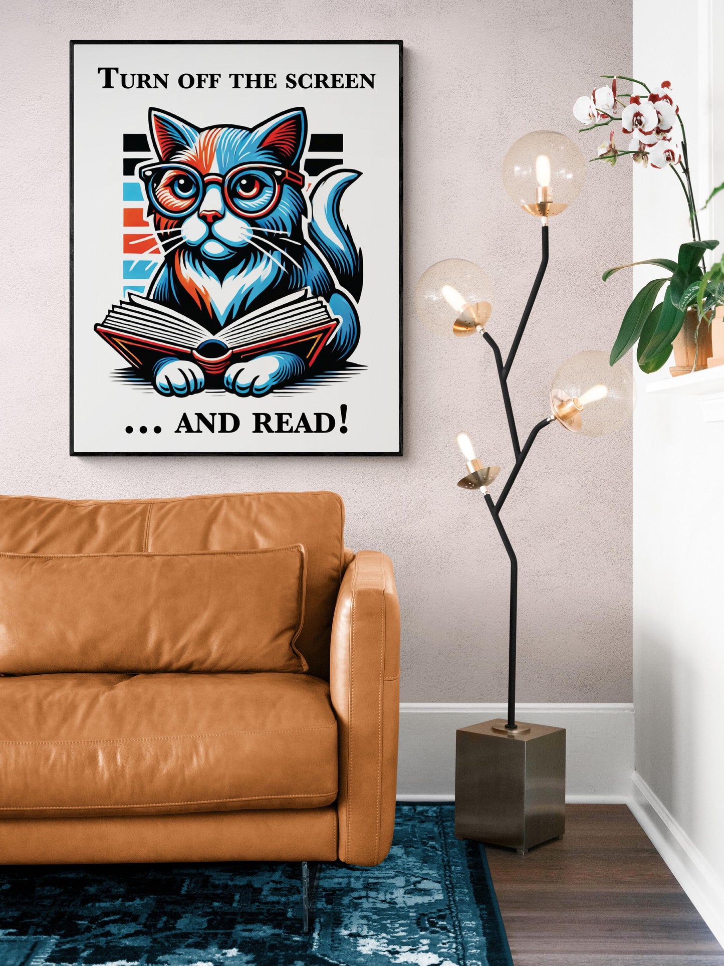 Cat Reading Poster | Turn Off On The Screen And Read | National Library Week | Home Decor | Living Room | Bedroom | Literary Art Print