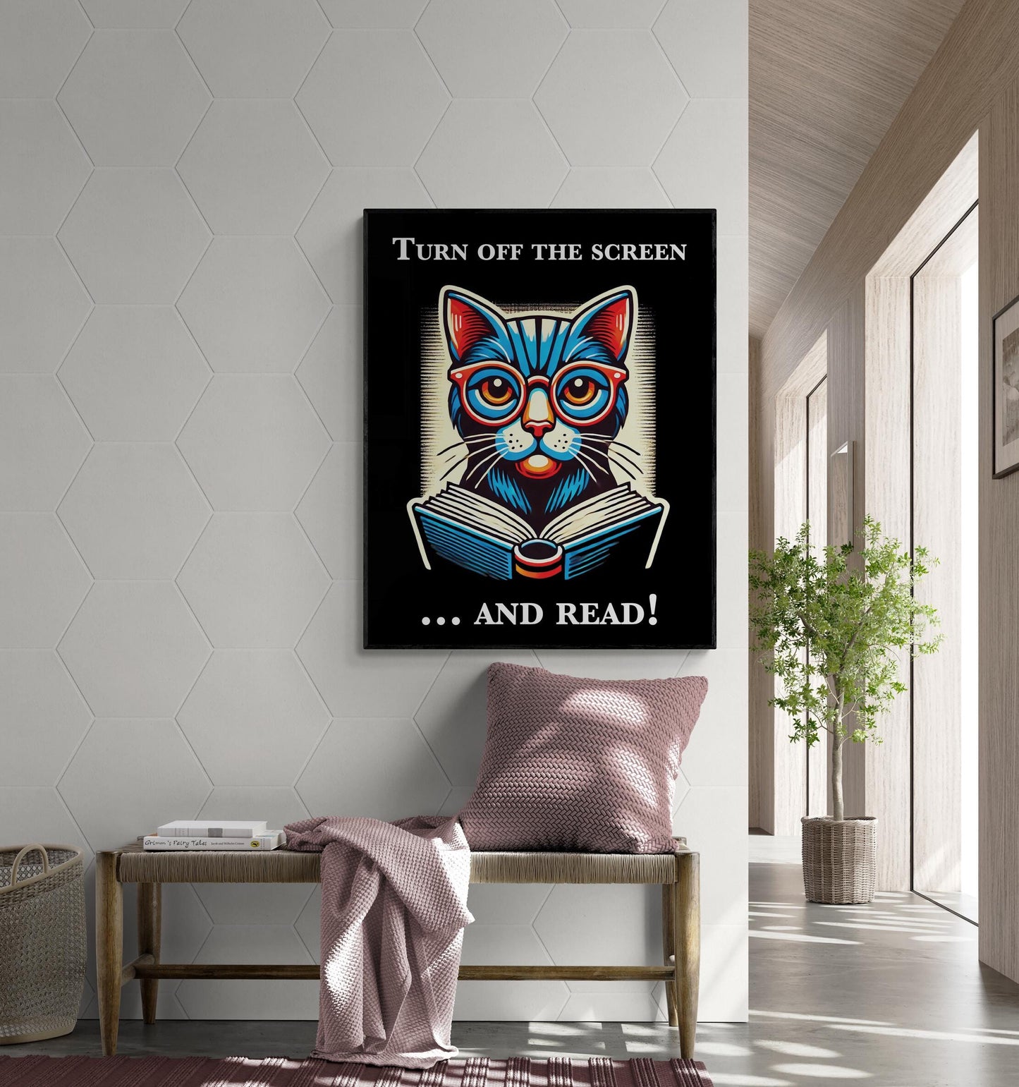 Black Cat Reading Poster | Turn Off On The Screen And Read | National Library Week | Home Decor | Living Room | Bedroom | Literary Art Print