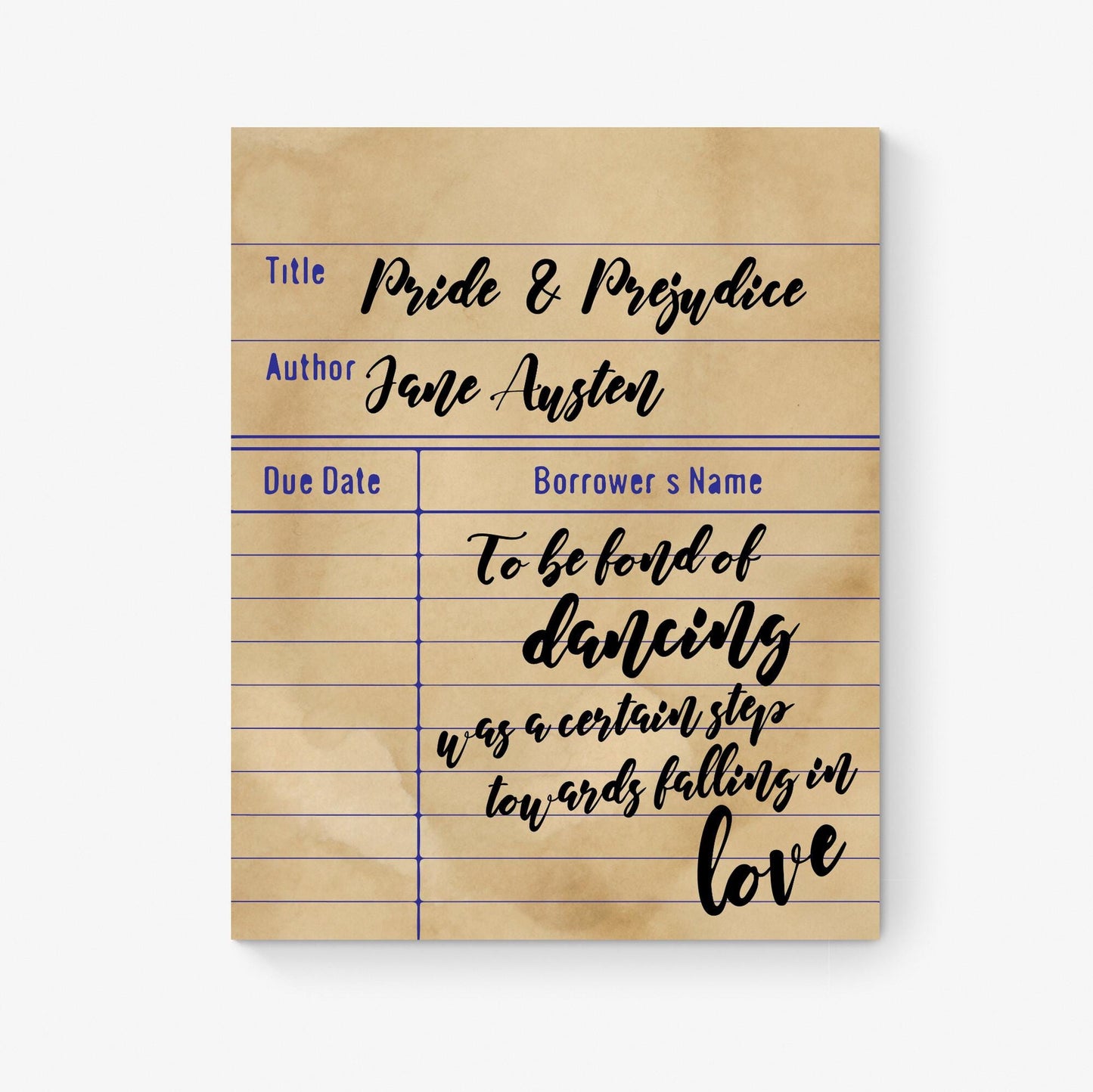 Pride and Prejudice Quote Art Print | To Be Fond Of Dancing | Jane Austen | Home Decor | Antique Library Card | Literary Poster