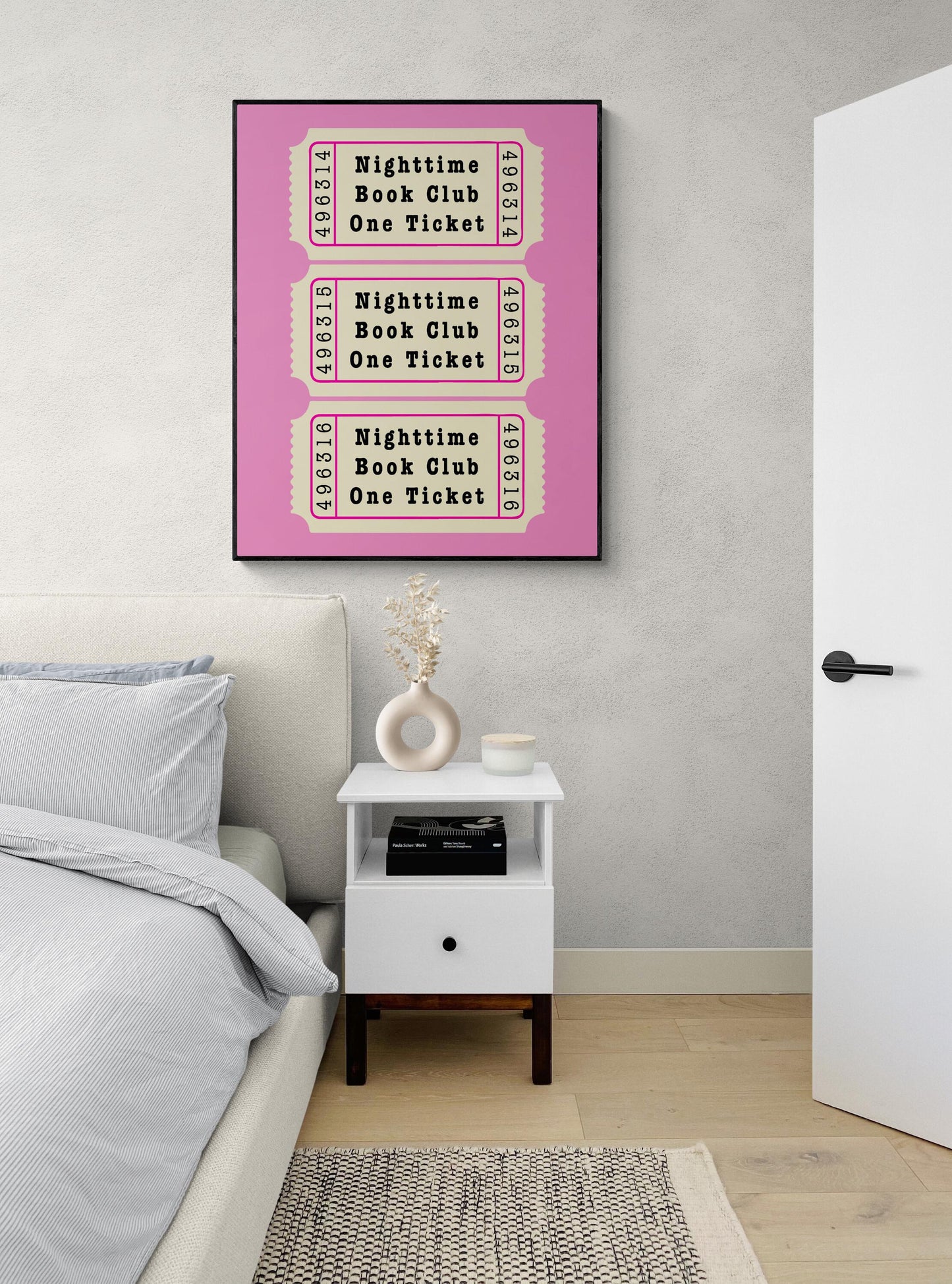 Nighttime Book Club Ticket Stub | Pink Aesthetic for Women | Bedroom Living Room | Vintage Trendy Preppy | Home Decor | Literary Art Print