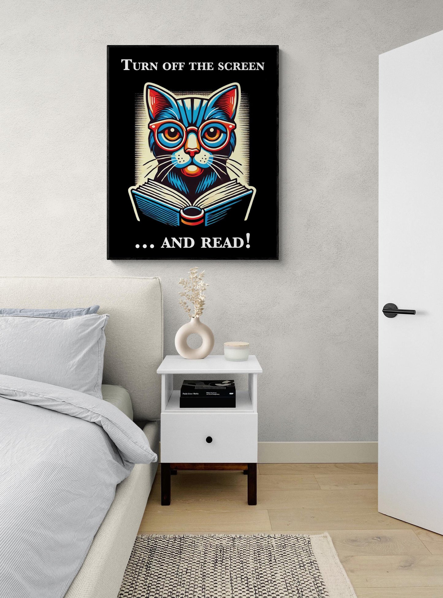 Black Cat Reading Poster | Turn Off On The Screen And Read | National Library Week | Home Decor | Living Room | Bedroom | Literary Art Print