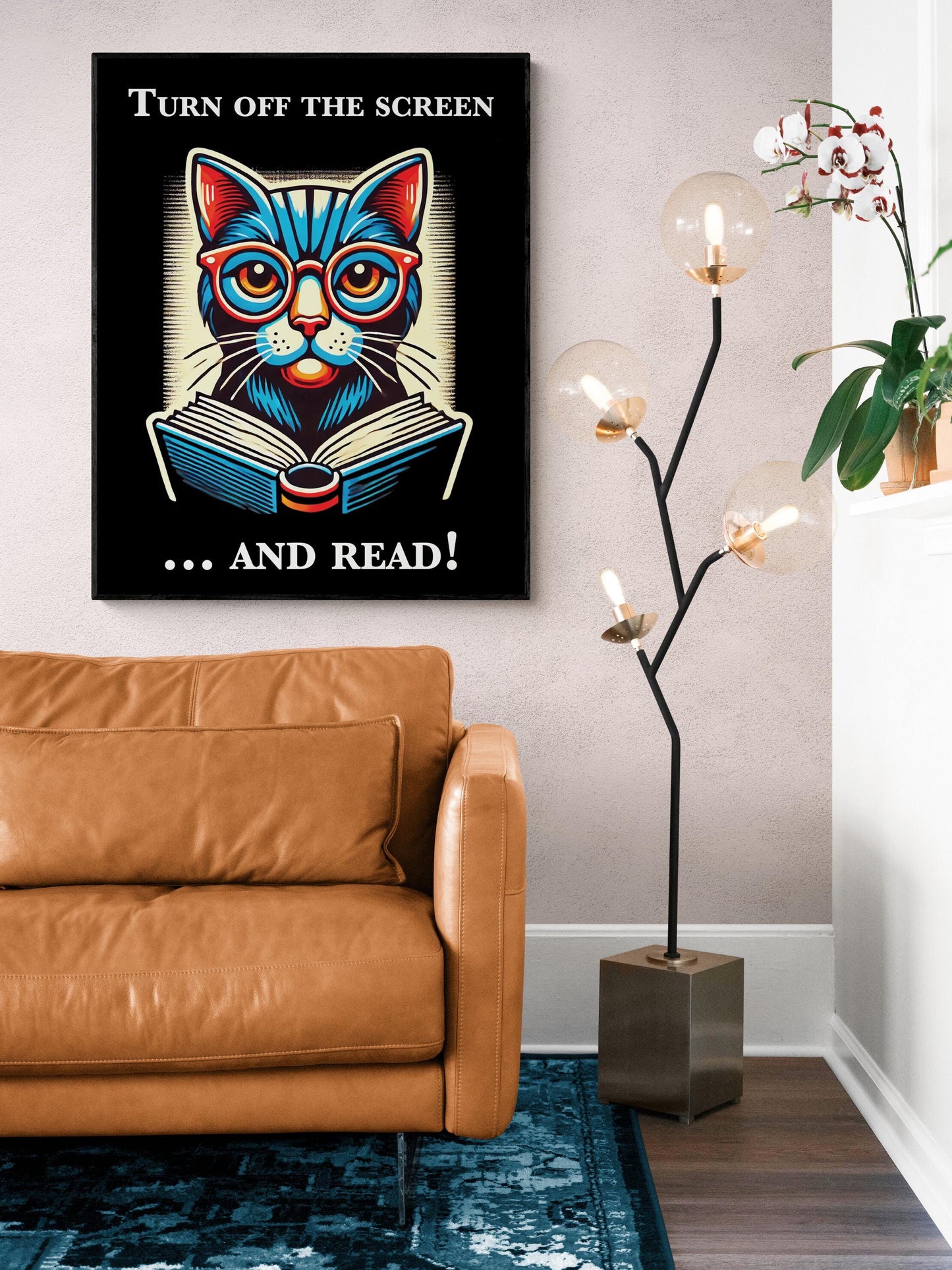 Black Cat Reading Poster | Turn Off On The Screen And Read | National Library Week | Home Decor | Living Room | Bedroom | Literary Art Print