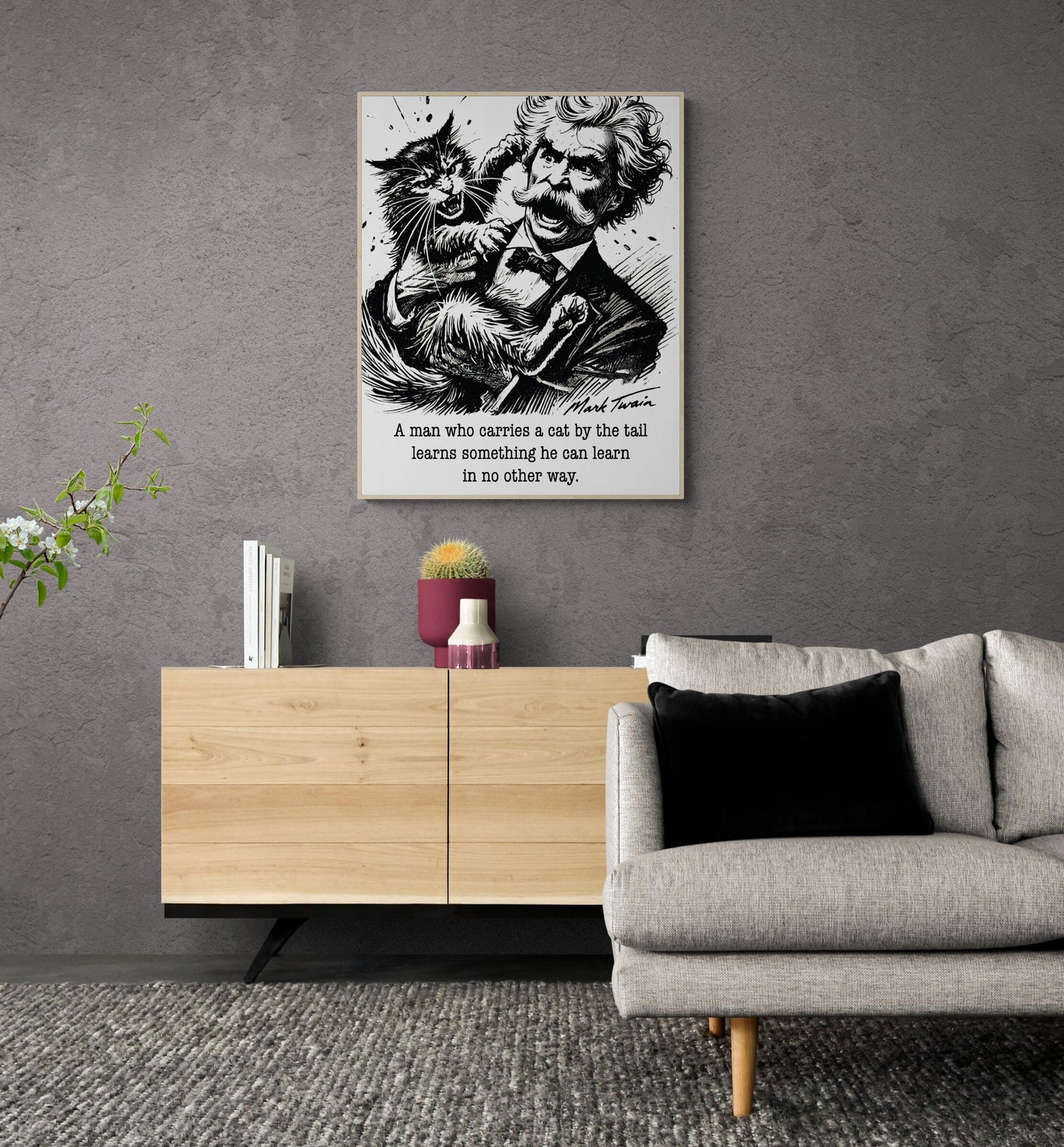 Mark Twain "Carries a Cat by the Tail" Illustration – Humorous Quote Motivational | Literary Home Decor | Living Room | Typography Art Print
