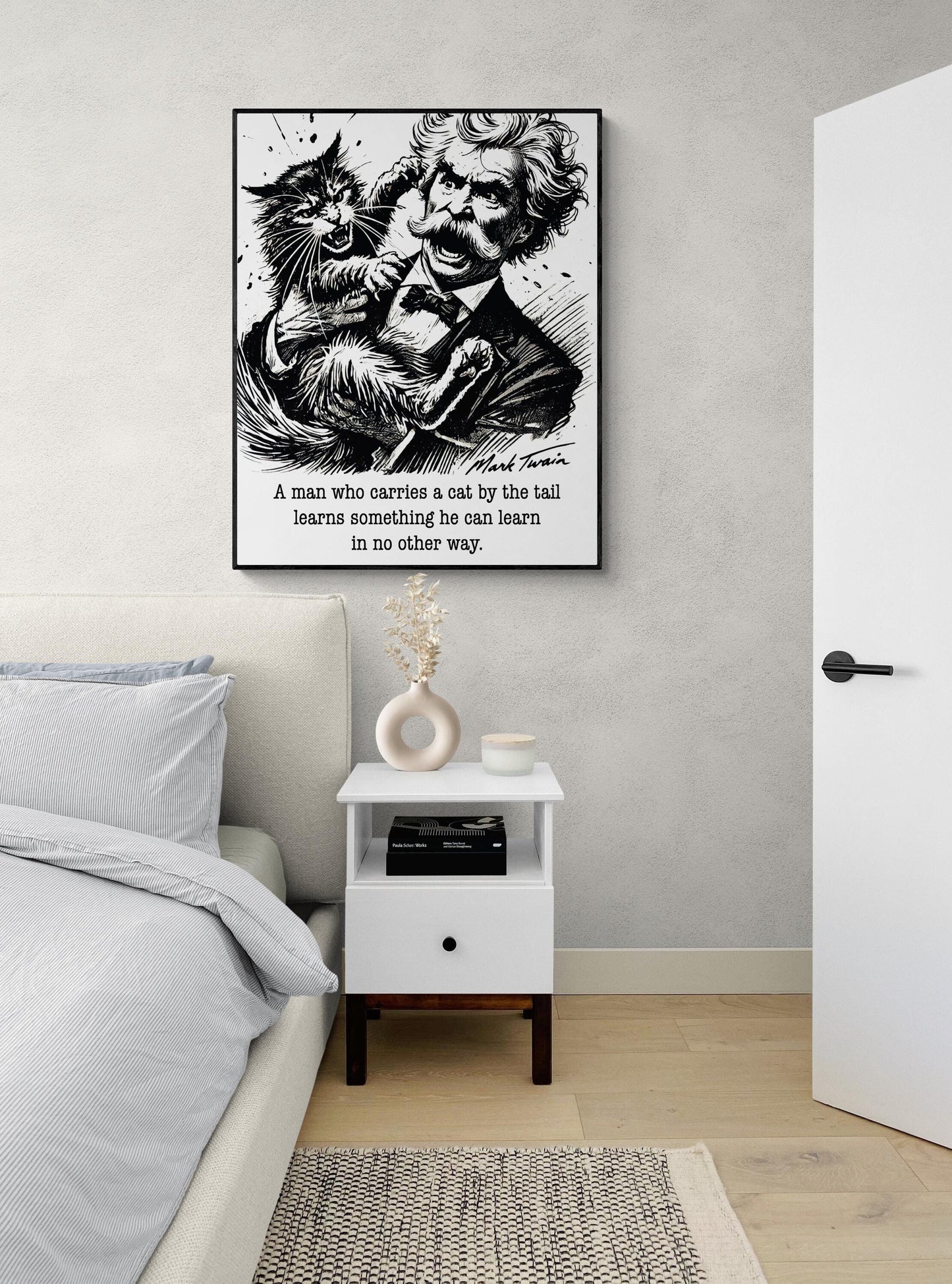 Mark Twain "Carries a Cat by the Tail" Illustration – Humorous Quote Motivational | Literary Home Decor | Living Room | Typography Art Print