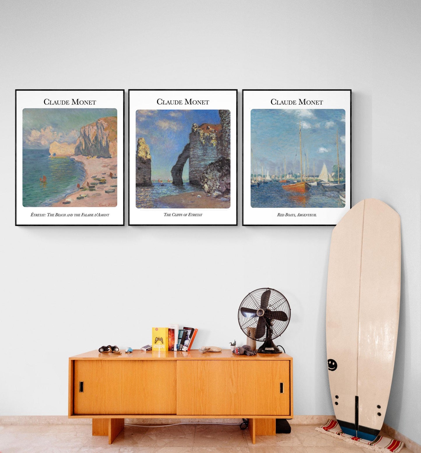 Claude Monet Coastal Art Print Set – Red Boats, Cliffs of Étretat, and Falaise d’Amont – Set of 3 Impressionist Reproductions – Wall Decor