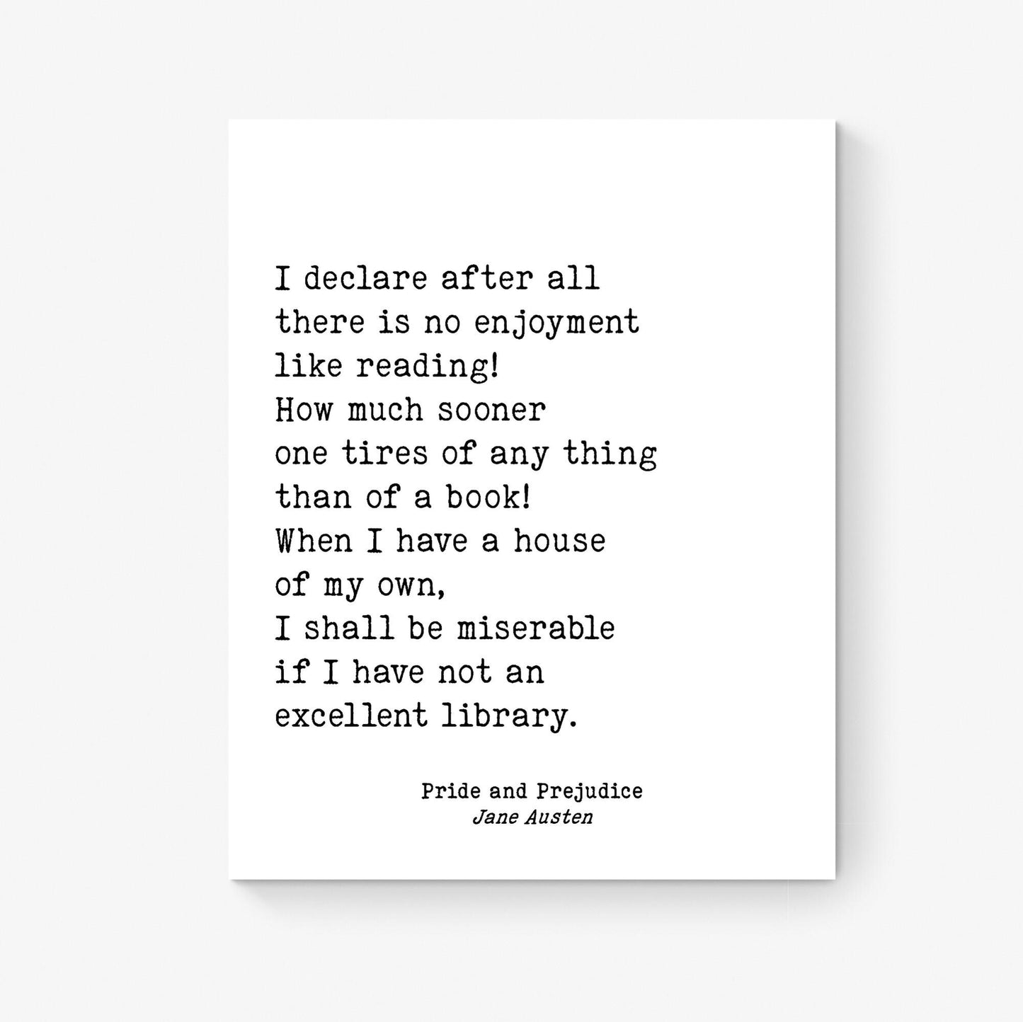 Jane Austen Quote Art Print | Pride and Prejudice | There Is No Enjoyment Like Reading | Library Literary Home Decor | Vintage Poster