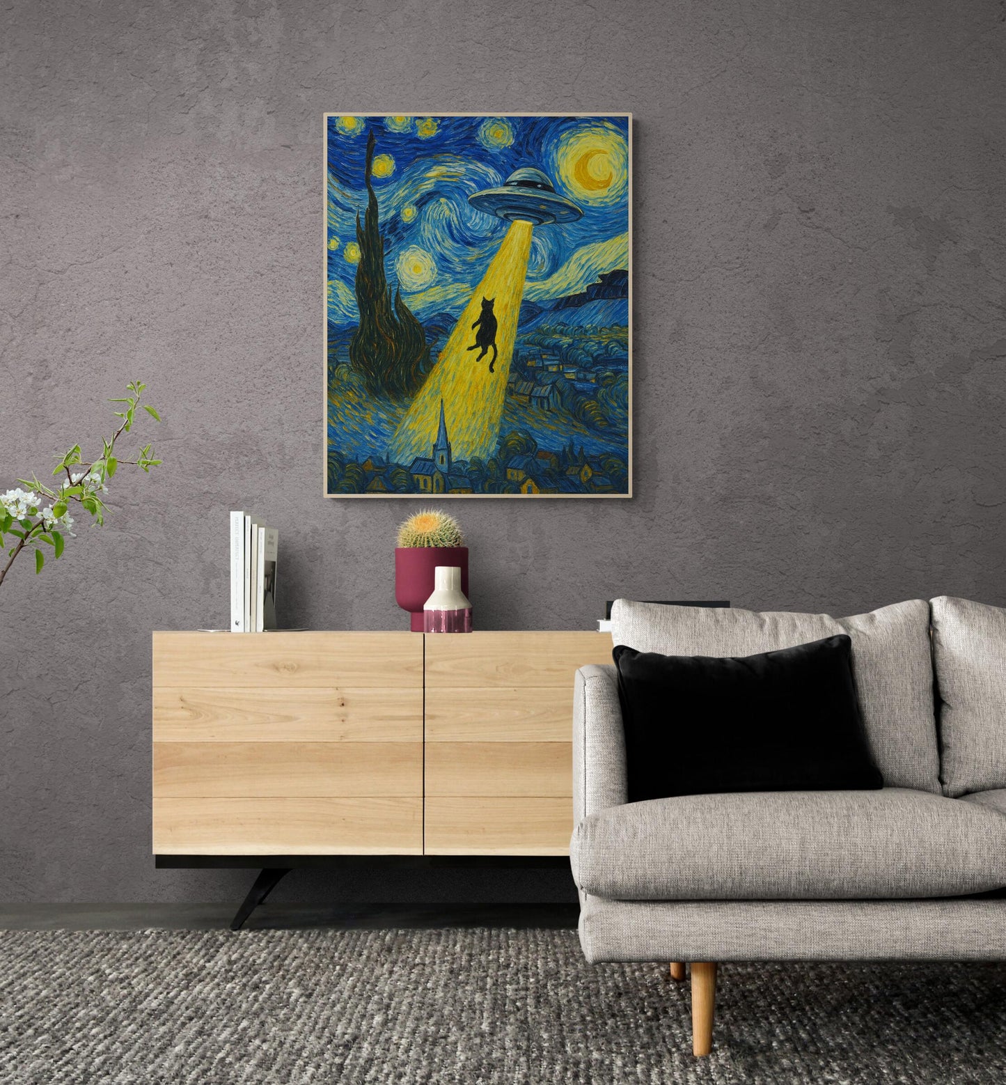 Funny UFO Cat Abduction Art Print – Van Gogh Starry Night Wall Decor for Sci-Fi Lovers Artwork | Living Room Artwork | Home Decor Poster