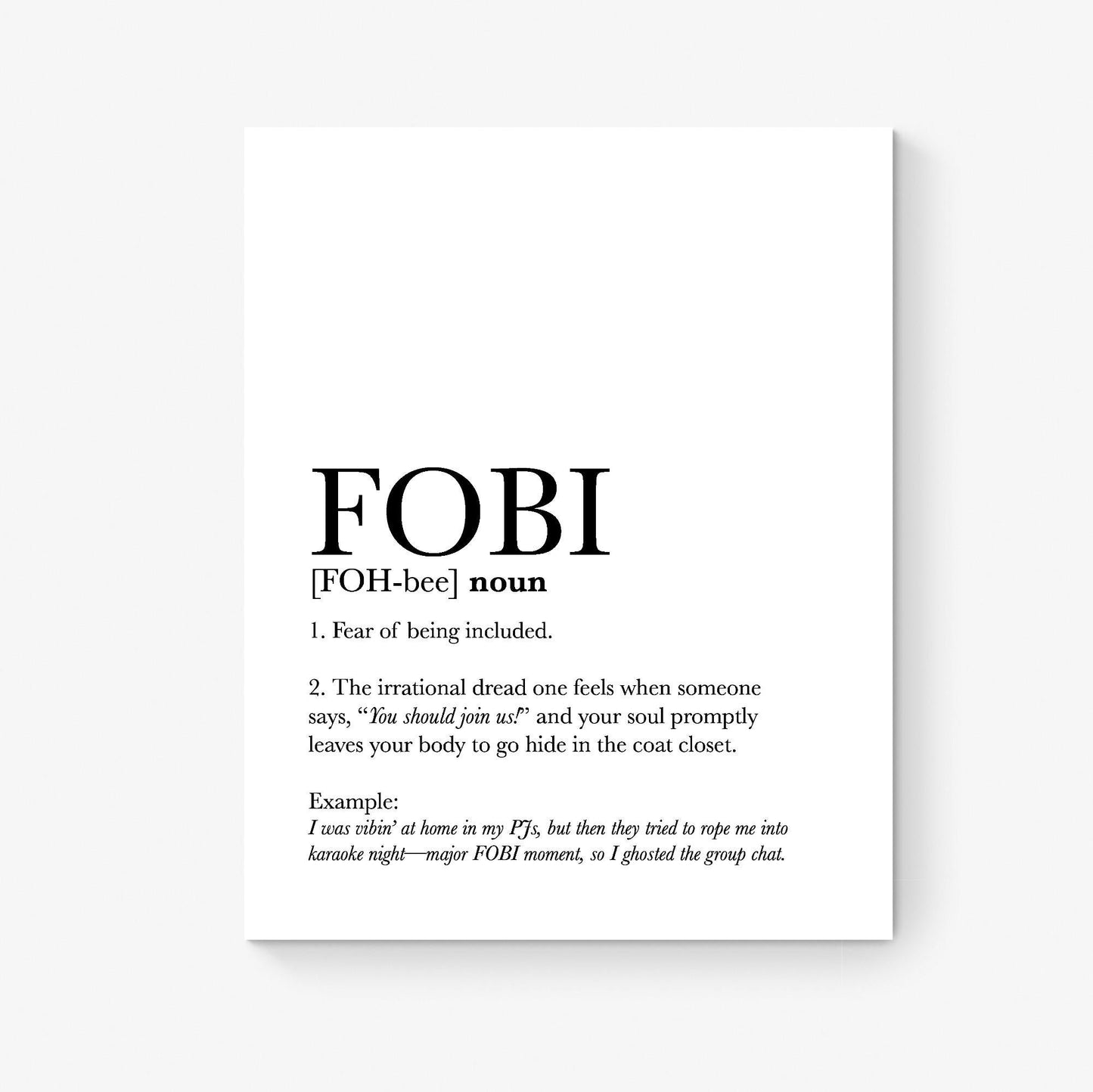 Funny Dictionary Quote Art Print – FOBI Definition – Motivational Introvert Home Decor – Inspirational Living Room – Poster