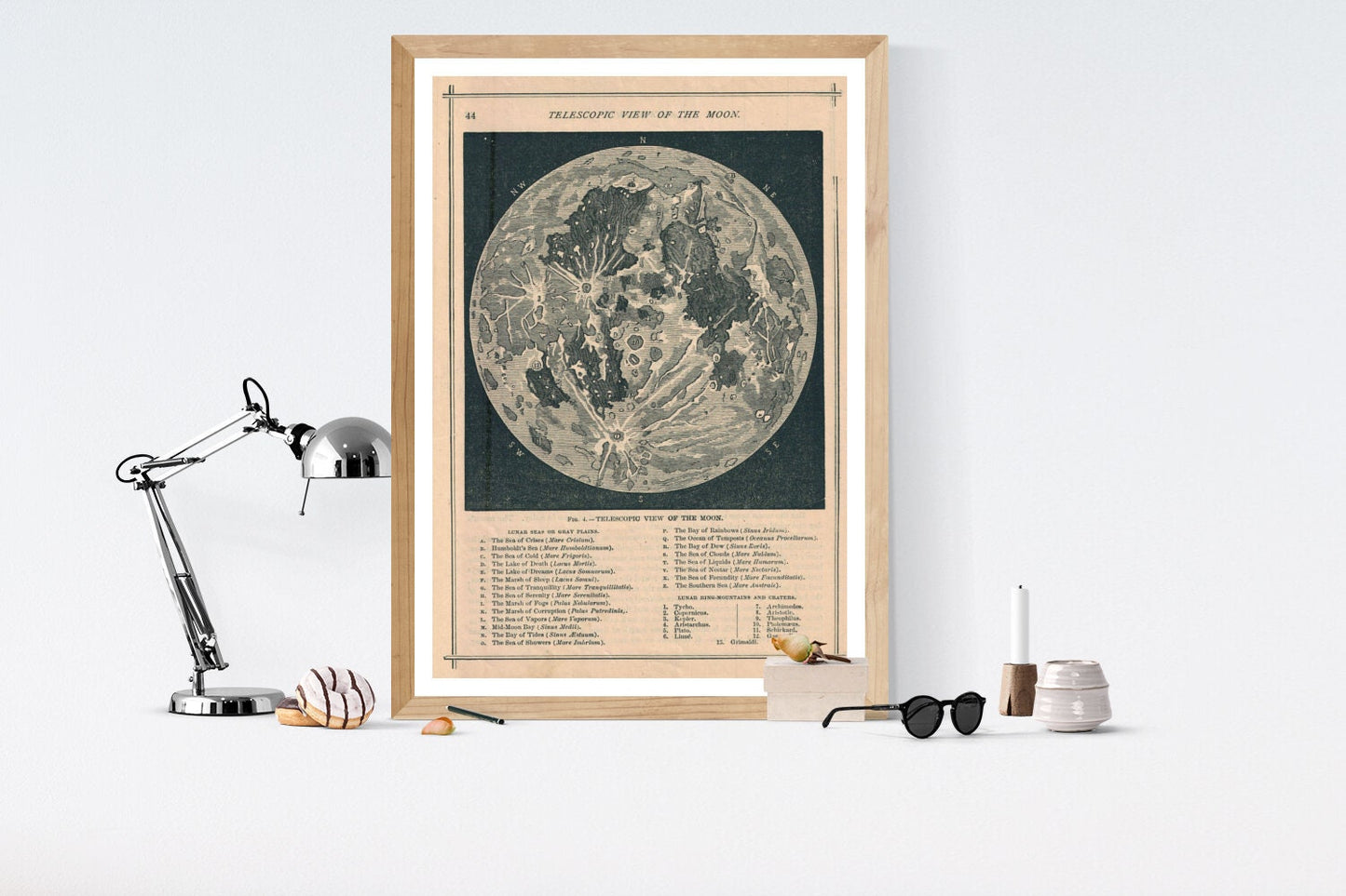 May include: A framed vintage illustration of the moon with a detailed map of the lunar surface. The illustration is in black and white and has a dark blue background. The title of the illustration is 'TELESCOPIC VIEW OF THE MOON.' The illustration is surrounded by a wooden frame.